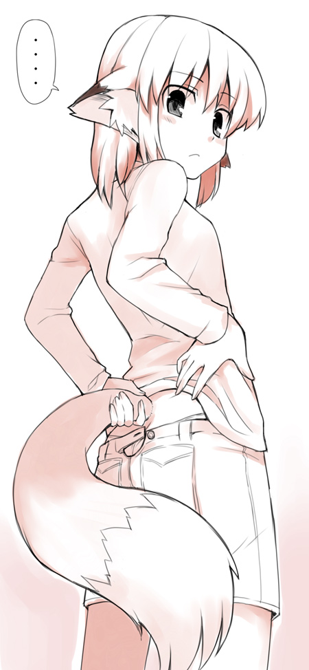 apricot, yamai (lsd), apricot (yamai), original, …, 1girl, animal ears, female focus, fox ears, fox tail, grey eyes, hands on own hips, holding own tail, looking back, monochrome, panties, pantyshot, pink theme, short hair, skirt, smile, solo, sweater, tail, tail grab, underwear, upskirt