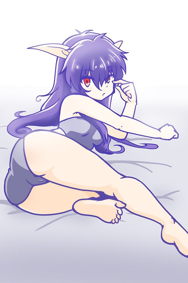 yososhi, nei, phantasy star, phantasy star ii, commentary request, 1girl, ass, barefoot, breasts, closed mouth, foot out of frame, leotard, long hair, looking at viewer, pointy ears, purple hair, purple leotard, red eyes, solo, strapless, strapless leotard