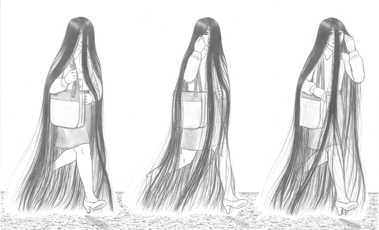 tagme, long hair, monochrome