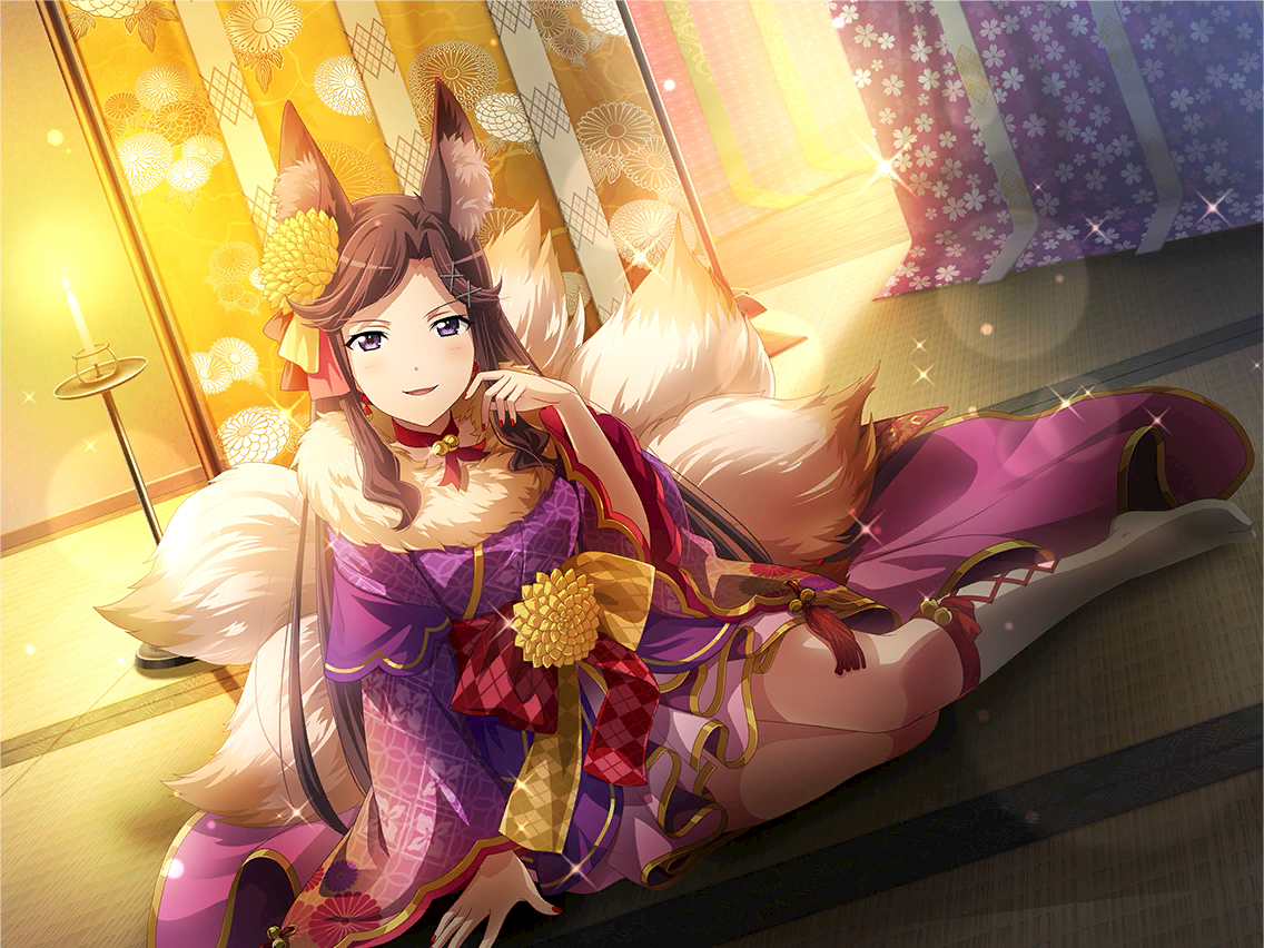 tamamo no mae (mythology), tendou maya, japanese mythology, shoujo kageki revue starlight, shoujo kageki revue starlight -re live-, game cg, official art, 1girl, animal ears, brown hair, candle, cosplay, fake animal ears, fake tail, fox ears, fox tail, hair ornament, hand up, indoors, japanese clothes, kimono, kneehighs, long hair, long sleeves, looking at viewer, multiple tails, parted lips, purple eyes, purple kimono, sidelocks, sitting, socks, solo, tail, tamamo no mae (mythology) (cosplay), tatami, white socks, wide sleeves, x hair ornament, yokozuwari