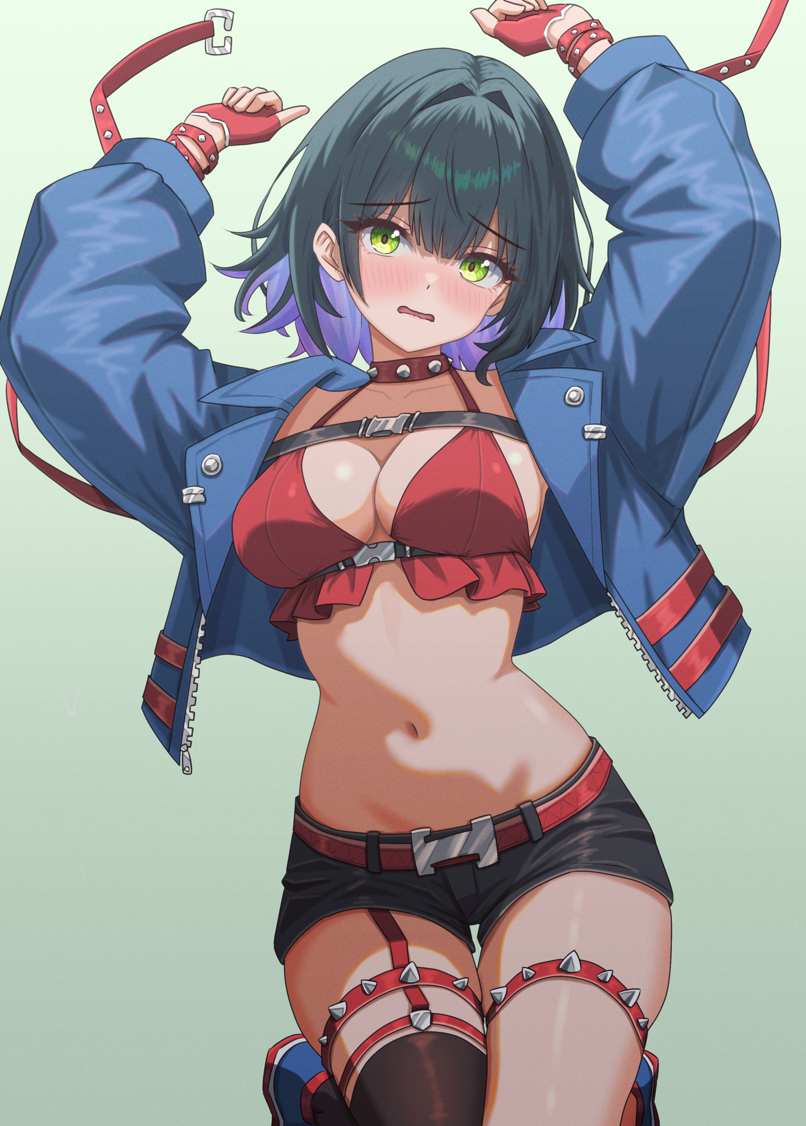 konnzyou, tressa (chaos zero nightmare), chaos zero nightmare, absurdres, commentary request, highres, revision, 1girl, arms up, belt, black hair, black shorts, blue jacket, blue shoes, breasts, brown thighhighs, chest harness, choker, cleavage, colored inner hair, crop top, cropped jacket, fingerless gloves, garter straps, gloves, gradient background, green background, green eyes, halterneck, harness, jacket, large breasts, looking at viewer, midriff, multicolored hair, navel, open clothes, open jacket, open mouth, purple hair, red choker, red gloves, red shirt, shirt, shoes, short hair, short shorts, shorts, simple background, single garter strap, single thighhigh, sleeveless, sleeveless shirt, solo, spaghetti strap, stomach, studded choker, studded thigh strap, thigh gap, thigh strap, thighhighs, thighs, two-tone hair, wavy mouth, zipper, zipper pull tab