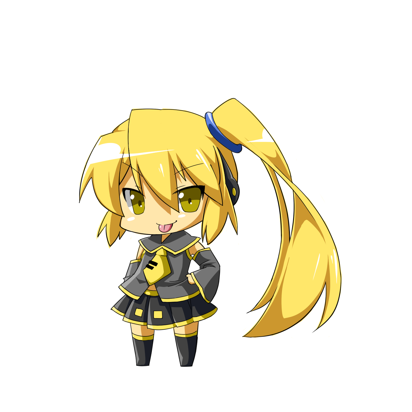 eiri (eirri), akita neru, vocaloid, bad id, bad pixiv id, highres, 1girl, :p, blonde hair, boots, chibi, female focus, long hair, necktie, ponytail, side ponytail, skirt, solo, thigh boots, thighhighs, tongue, tongue out, very long hair, yellow eyes, yellow necktie