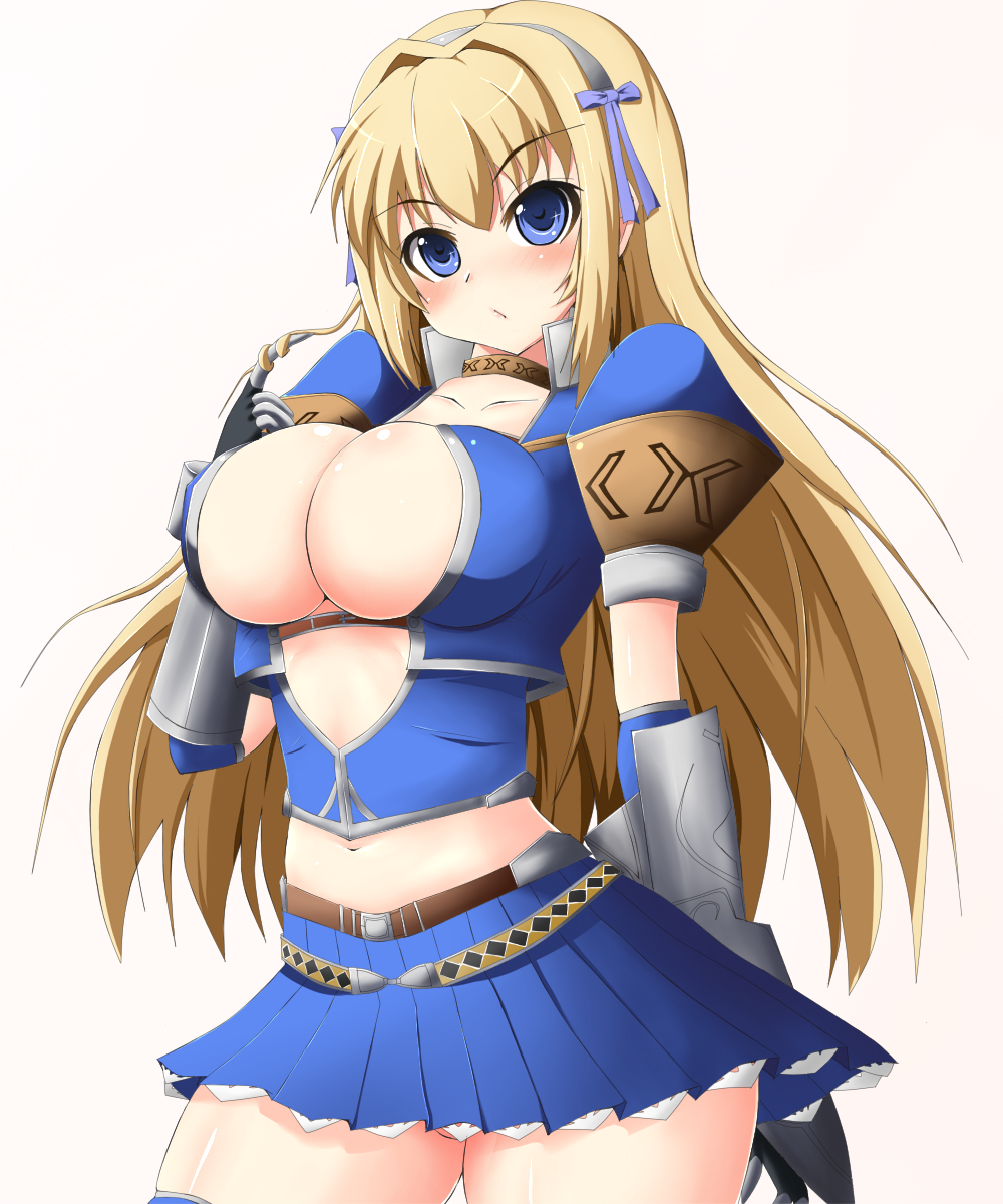 mokuze, ututunoyume, capcom, monster hunter (series), monster hunter frontier, bad id, bad pixiv id, highres, 1girl, azure (armor), blonde hair, blue eyes, blush, breasts, cleavage, elbow gloves, female focus, gloves, headband, large breasts, long hair, midriff, miniskirt, navel, no panties, skirt, solo, thighhighs