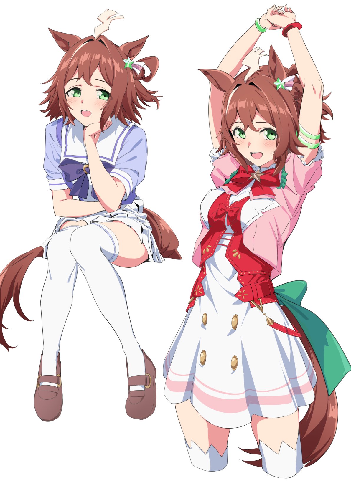 kagari liroi, rhein kraft (dream successor) (umamusume), rhein kraft (umamusume), umamusume, commentary request, highres, 1girl, ahoge, animal ears, black hair, blush, bow, bowtie, brown hair, brown tail, cropped jacket, dress, green bow, green eyes, hair ornament, horse ears, horse girl, horse tail, horseshoe ornament, invisible chair, jacket, looking at viewer, multicolored hair, open mouth, pink jacket, pleated skirt, purple bow, purple bowtie, purple shirt, red bow, red bowtie, sailor collar, shirt, shooting star hair ornament, short-sleeved jacket, short hair, short sleeves, simple background, sitting, skirt, smile, star (symbol), star hair ornament, star in eye, streaked hair, stretching, symbol in eye, tail, thighhighs, thighs, waist bow, white background, white dress, white hair, white sailor collar, white skirt, white streaks, white thighhighs