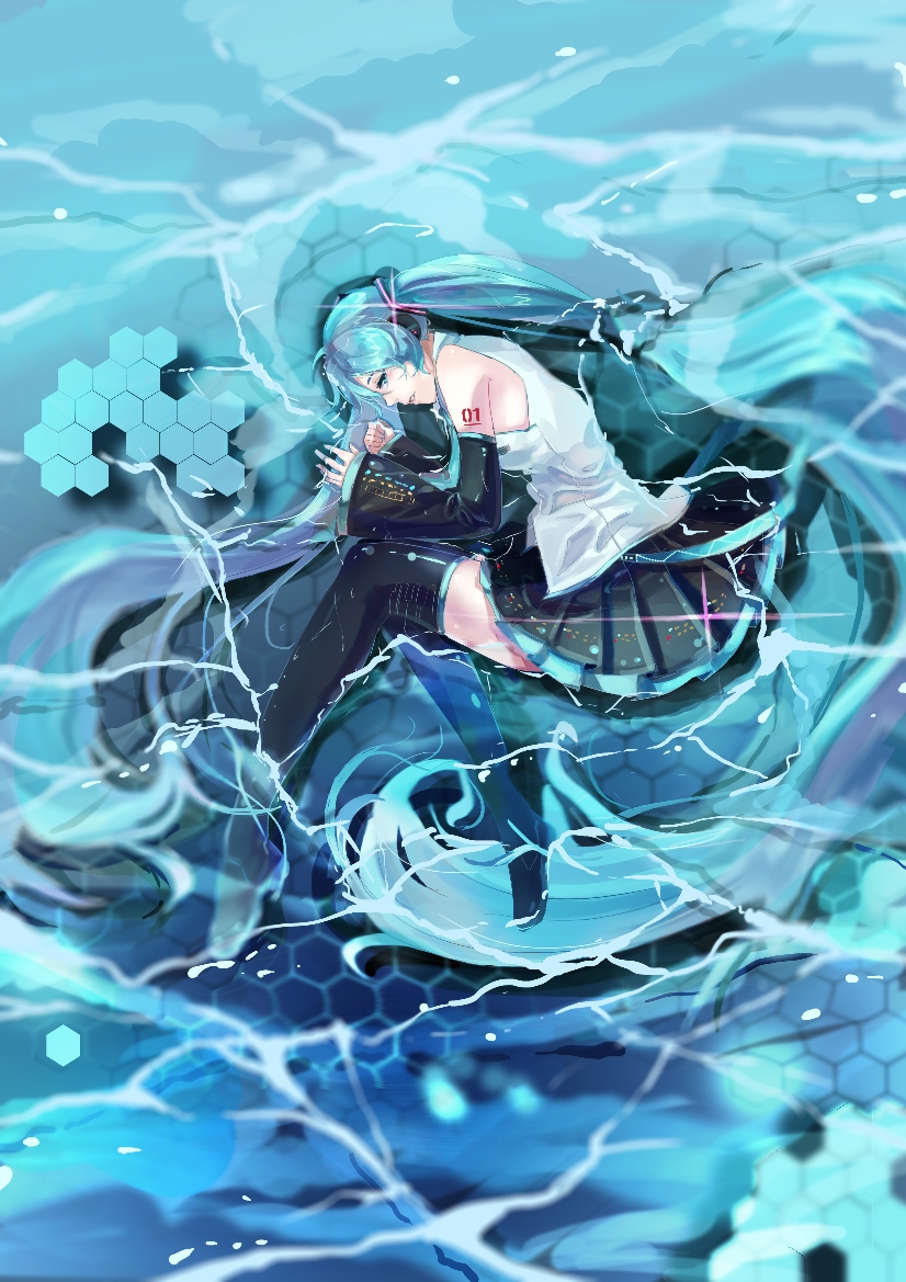gengetsu (14255909), hatsune miku, vocaloid, commentary request, 1girl, absurdly long hair, aqua eyes, aqua hair, aqua necktie, bare shoulders, black boots, black skirt, black sleeves, black thighhighs, blue eyes, blue hair, blue necktie, boots, caustics, closed mouth, collared shirt, detached sleeves, fetal position, from above, full body, hair ornament, headphones, headset, long hair, long sleeves, lying, lying on water, miniskirt, nail polish, necktie, number tattoo, on side, partially submerged, pleated skirt, profile, shallow water, shirt, shoulder tattoo, skirt, sleeveless, sleeveless shirt, solo, tattoo, thigh boots, thighhighs, twintails, very long hair, water, white shirt, zettai ryouiki