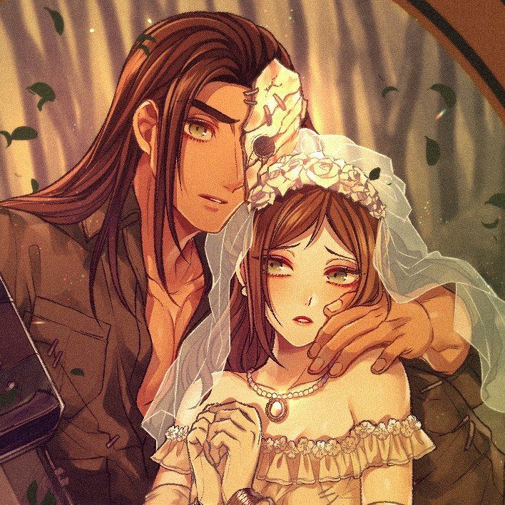 mizala, jane porter, nero claudius (bride) (fate), nero claudius (fate), tarzan (disney character), tarzan (disney movie), commentary request, 1boy, 1girl, animification, brown hair, chainsaw, dark-skinned male, dark skin, dress, holding, jewelry, long hair, looking at viewer, makeup, short hair