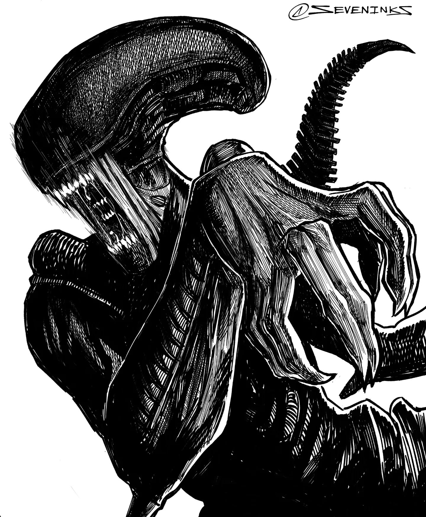 seveninks, xenomorph, alien (series), commentary request, highres, alien, claws, crosshatching, greyscale, hatching (texture), instagram username, monochrome, monster, nested mouths, no humans, open mouth, saliva, solo, spanish commentary, tail, upper body