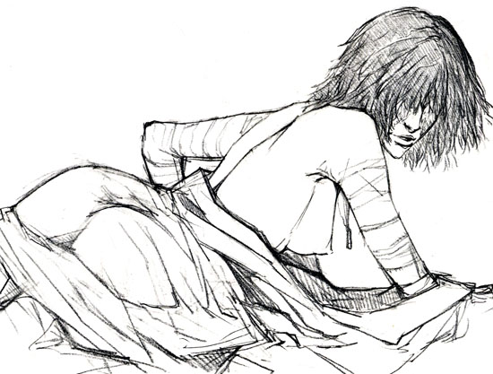 ikeda masateru, maiden in black, demon's souls, fromsoftware, 1girl, ass, breasts, female focus, looking back, lying, monochrome, nipples, short hair, sketch, solo