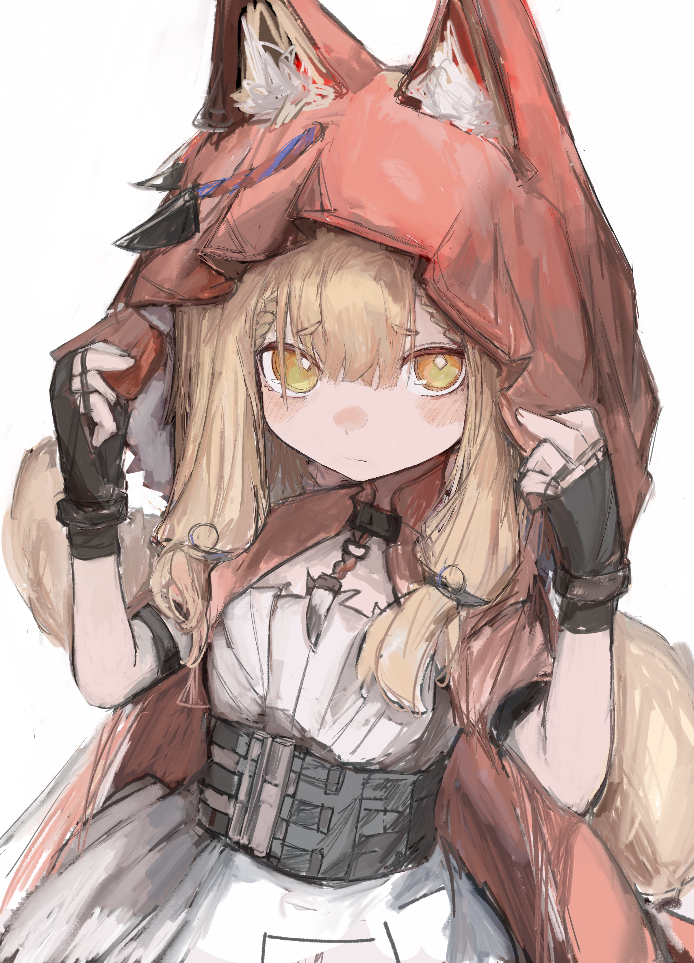 piennamekuzi, rossi (arknights), arknights, arknights: endfield, absurdres, commentary, english commentary, highres, 1girl, animal ears, black gloves, blonde hair, cape, ears through headwear, fingerless gloves, gloves, hood, hood up, hooded cape, looking at viewer, red cape, simple background, solo, tail, white background, wolf ears, wolf girl, yellow eyes