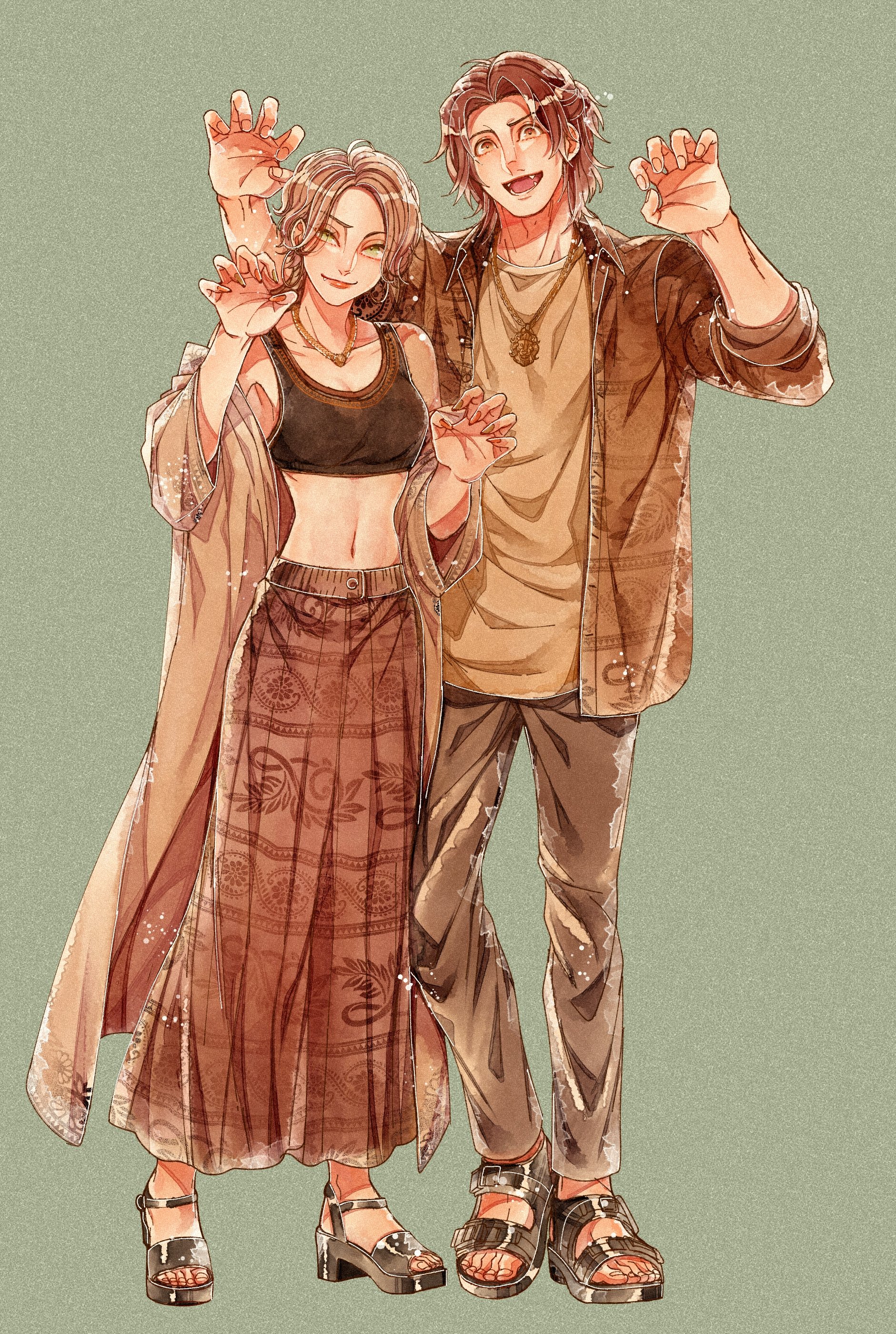 mizala, nala (the lion king), simba, the lion king, absurdres, commentary request, highres, 1boy, 1girl, animification, crop top, humanization, jewelry, looking at viewer, necklace, open mouth, sandals, short hair, simple background, skirt, smile