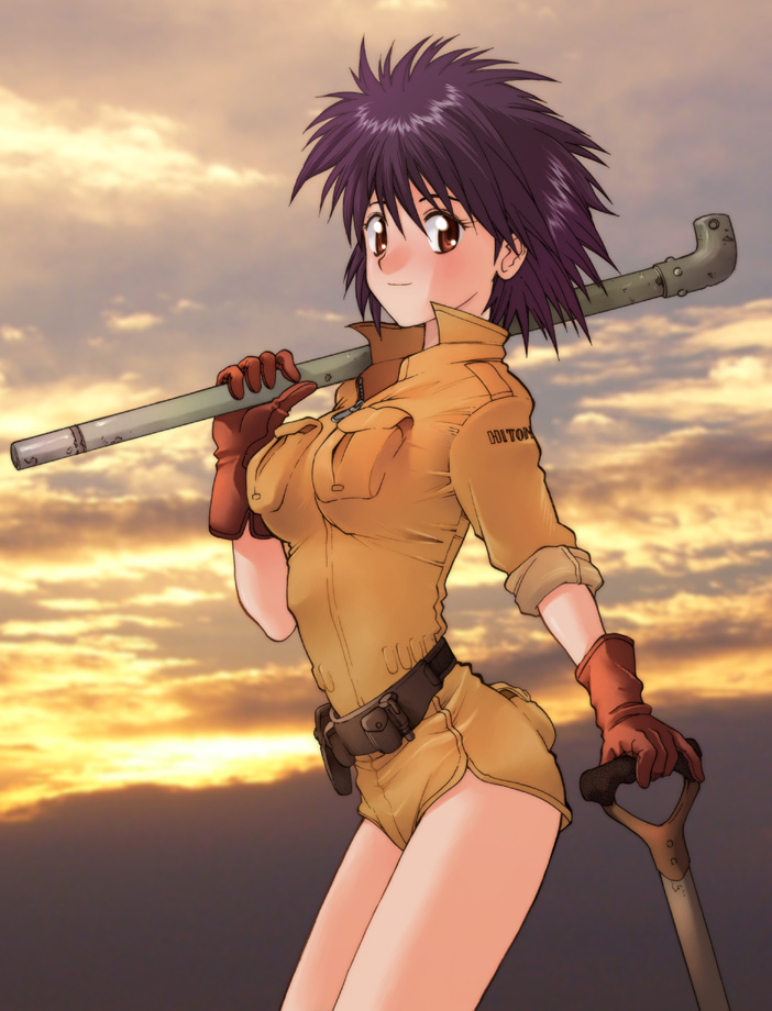 kikumaru bunta, original, uniform, 1girl, belt, brown eyes, cowboy shot, female focus, gloves, lead pipe, short hair, shovel, sleeves rolled up, solo, weapon, worktool