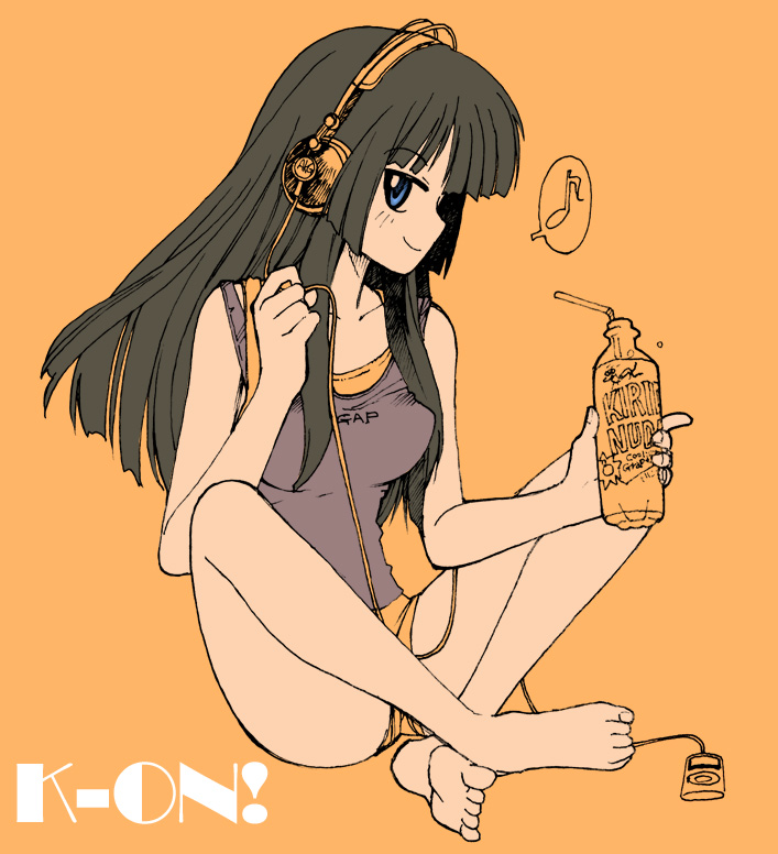 kikumaru bunta, akiyama mio, k-on!, 00s, 1girl, barefoot, black eyes, black hair, bottle, drink, drinking straw, feet, female focus, full body, headset, hime cut, indian style, ipod, ipod nano, ipod nano 4g, legs, mp3 player, musical note, short shorts, shorts, sitting, smile, soles, solo, tank top
