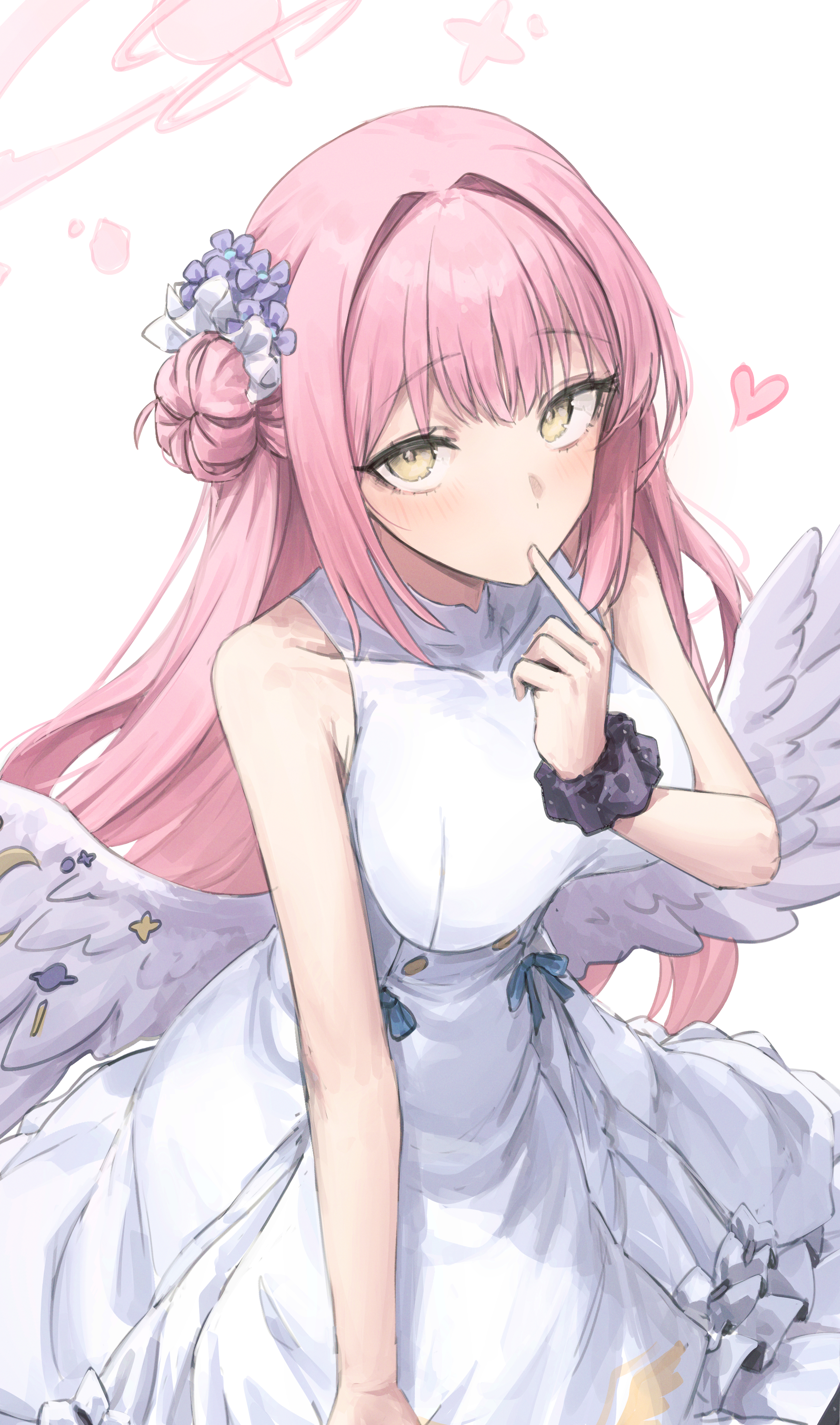 gabang, mika (blue archive), blue archive, absurdres, commentary request, highres, partial commentary, 1girl, blush, breasts, dress, feathered wings, hair bun, heart, long hair, looking at viewer, medium breasts, pink hair, scrunchie, simple background, single side bun, sleeveless, sleeveless dress, solo, very long hair, white background, white dress, white wings, wings, wrist scrunchie, yellow eyes
