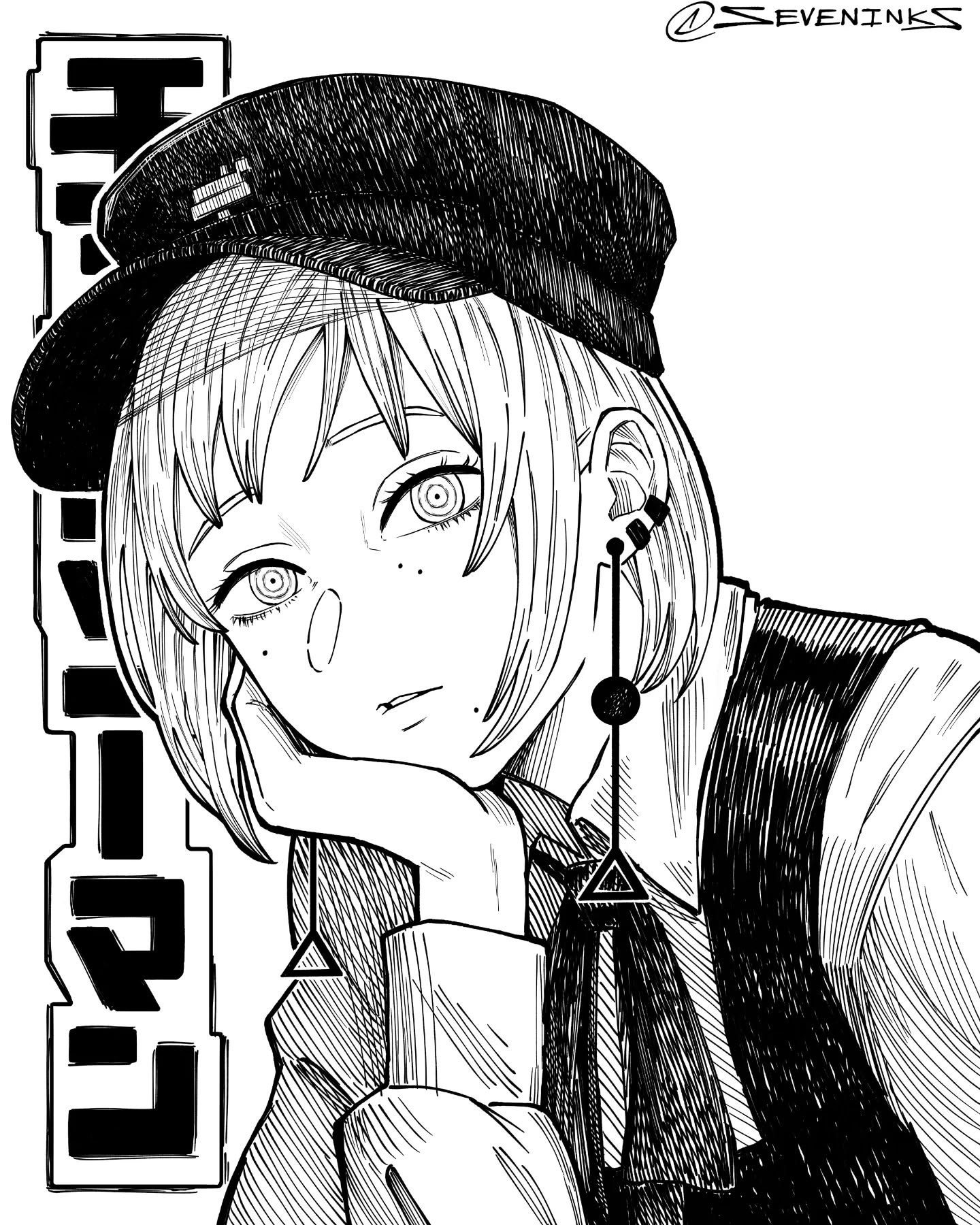 seveninks, fami (chainsaw man), chainsaw man, commentary request, highres, 1girl, copyright name, crosshatching, earrings, fourth east high school uniform, greyscale, hat, hatching (texture), head rest, instagram username, jewelry, linear hatching, mole, mole under eye, mole under mouth, monochrome, multiple earrings, neck ribbon, parted lips, peaked cap, portrait, ribbon, ringed eyes, school uniform, solo, spanish commentary