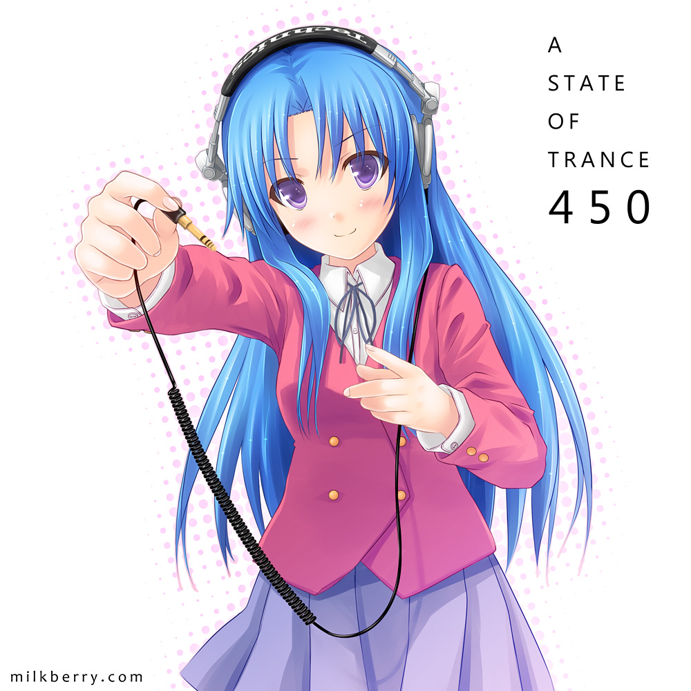 kisaragi miyu, kawashima ami, toradora!, 1girl, a state of trance, armin van buuren, blue hair, blush, cowboy shot, female focus, foreshortening, halftone, halftone background, headphones, long hair, outstretched hand, parody, purple eyes, school uniform, smile, solo