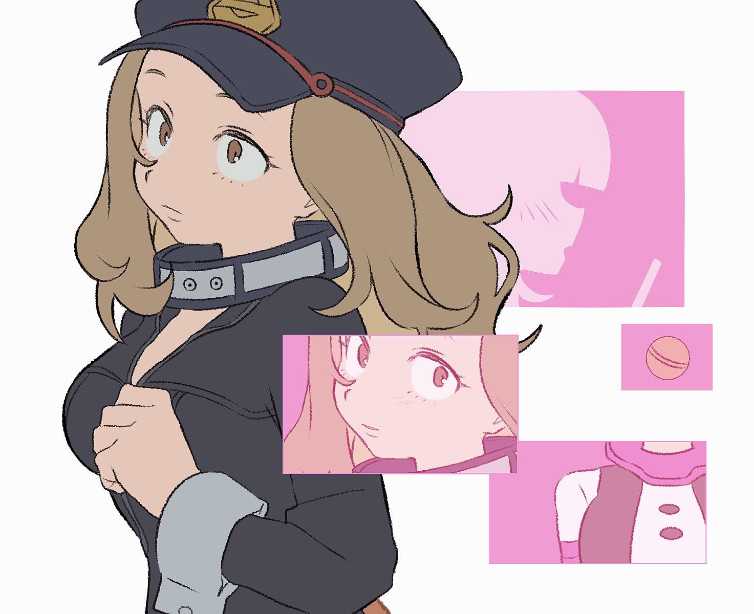 toga himiko, uraraka ochako, utsushimi kemii, boku no hero academia, highres, 1girl, black bodysuit, blonde hair, bodysuit, breasts, brown eyes, catsuit, collar, hat, large breasts, latex, latex bodysuit, long hair, long sleeves, looking at viewer, nununanu, open bodysuit, open clothes, partially unzipped, peaked cap, simple background, skin tight, solo, superhero costume, white background, wrist cuffs