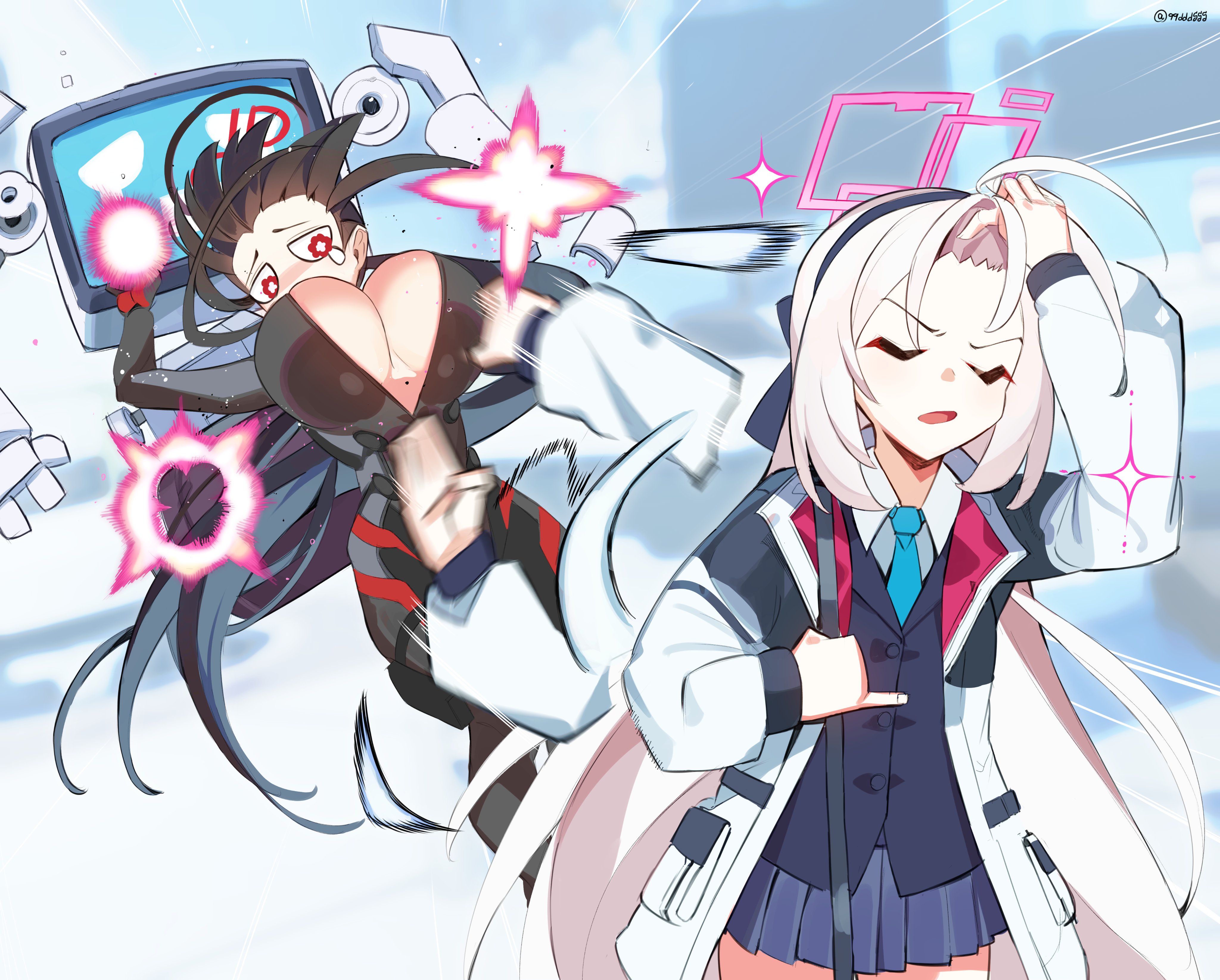 ddg160, kei (blue archive), kei (new body) (blue archive), rio (armed) (blue archive), rio (blue archive), blue archive, absurdres, commentary, highres, 2girls, ahoge, black bodysuit, black hair, black halo, blue skirt, bodysuit, breasts, closed eyes, halo, jacket, large breasts, long hair, meme, multicolored halo, multiple girls, naoya hitting choso without looking (meme), official alternate costume, open mouth, pink halo, pleated skirt, punching, red eyes, red halo, skirt, tears, twitter username, two-tone halo, white hair, white jacket