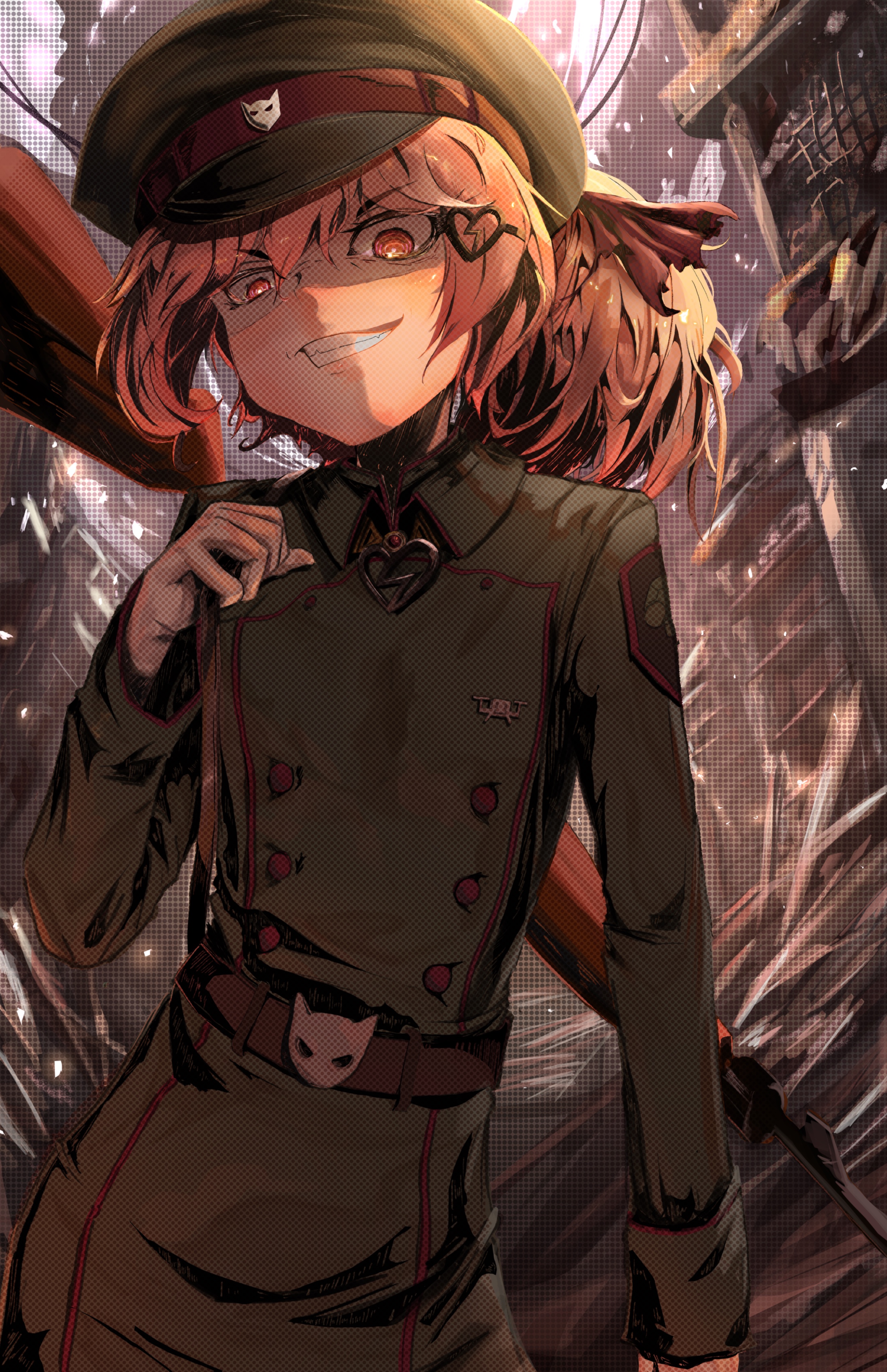 windsketchy, evil neuro-sama, neuro-sama, tanya degurechaff, vedal ai, absurdres, commentary, commission, english commentary, highres, vgen commission, 1girl, belt, black hat, broken heart, broken heart hair ornament, brown belt, brown hair, cosplay, evil grin, evil smile, gloves, green hat, green jacket, green skirt, grin, gun, hair ribbon, hat, heart, jacket, long hair, long sleeves, looking at viewer, military uniform, outdoors, red eyes, red ribbon, ribbon, rifle, skirt, smile, solo, tanya degurechaff (cosplay), two side up, upper body, virtual youtuber, weapon, white gloves