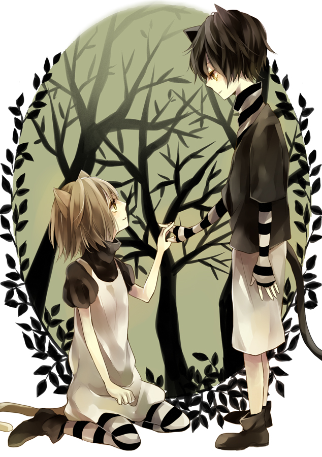 yuzuki karu, original, striped, bad id, bad pixiv id, animal ears, black hair, brown hair, cat ears, cat tail, short hair, smile, tail, tree