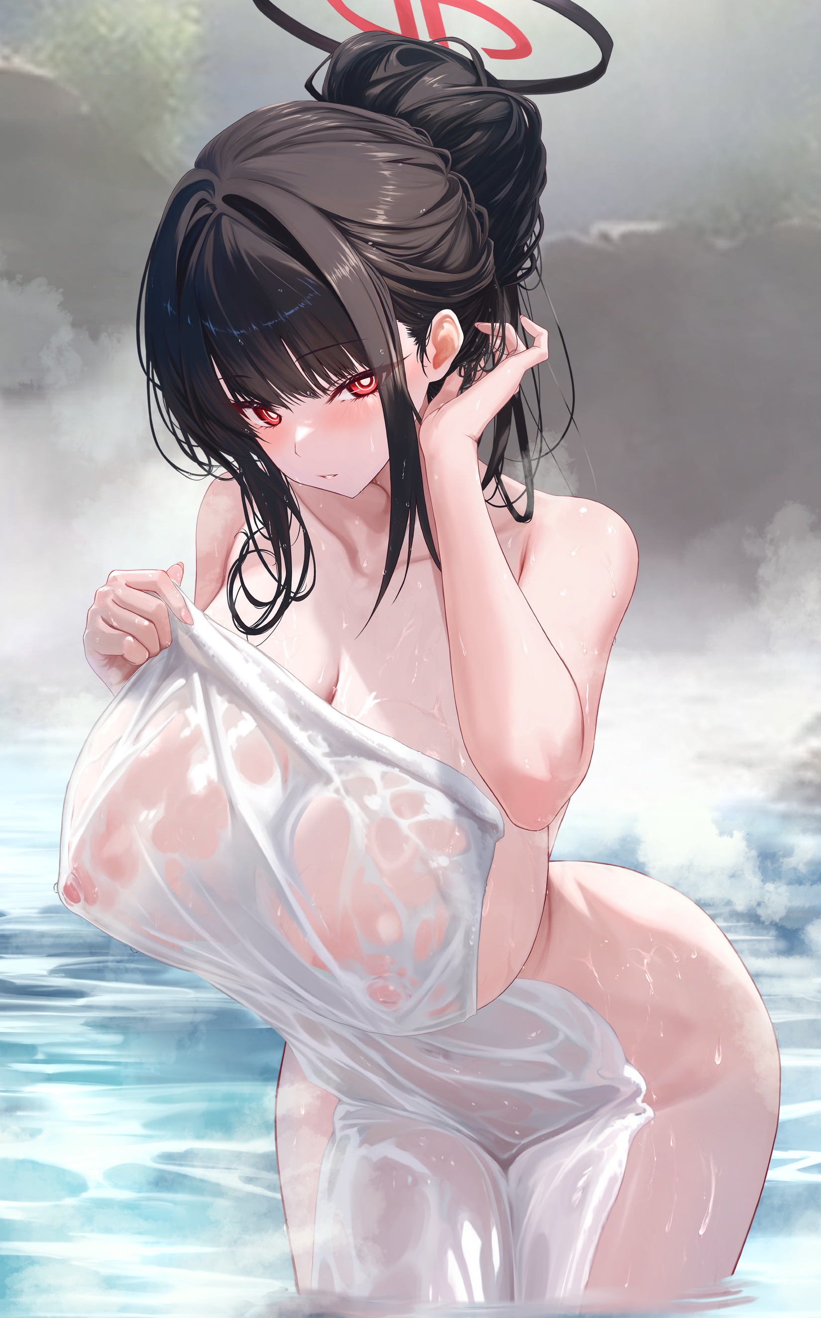 noa (skae3323), rio (blue archive), blue archive, absurdres, highres, 1girl, alternate hairstyle, back, bent over, black hair, breasts, cleavage, hair bun, halo, hanging breasts, huge breasts, leaning forward, long hair, looking at viewer, naked towel, nipples, nude, onsen, outdoors, partially submerged, ponytail, red eyes, ringed eyes, see-through towel, sideboob, sidelocks, solo, steam, thighs, towel, very long hair, water, wet, wet towel