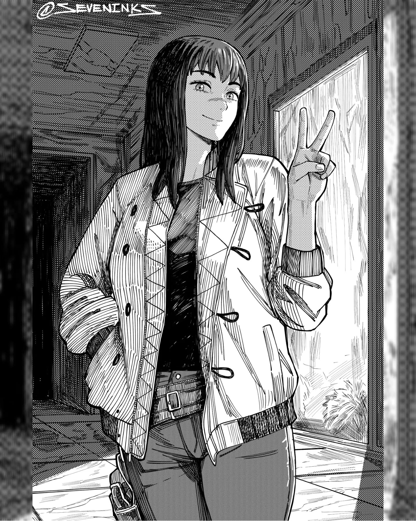 seveninks, kiruko (tengoku daimakyou), tengoku daimakyou, commentary request, highres, 1girl, alternate breast size (larger), belt, breasts, cowboy shot, crosshatching, denim, greyscale, hallway, hand in pocket, hatching (texture), instagram username, jacket, jeans, large breasts, linear hatching, medium hair, monochrome, pants, pillarboxed, smile, solo, spanish commentary, v, window