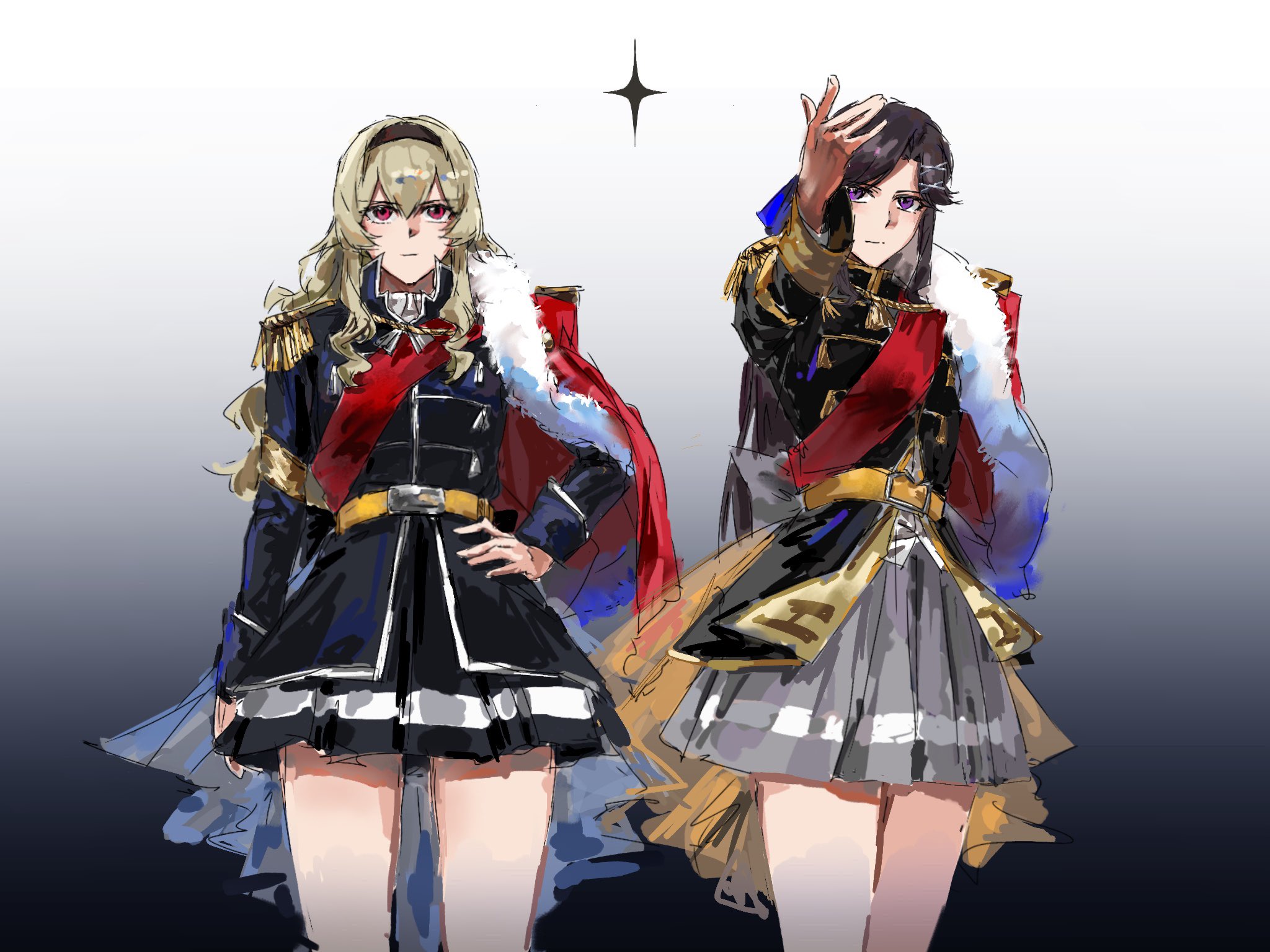 nirvana (w688348960), saijou claudine, tendou maya, shoujo kageki revue starlight, highres, 2girls, arm at side, belt, belt buckle, black hairband, black jacket, black skirt, blonde hair, blue bow, bow, brown hair, buckle, closed mouth, cowboy shot, epaulettes, fur-trimmed jacket, fur trim, gradient background, grey background, grey skirt, hair between eyes, hair bow, hair ornament, hairband, hand on own hip, hand up, high collar, jacket, jacket on shoulders, long hair, looking ahead, miniskirt, multiple girls, outstretched arm, parted bangs, pink eyes, purple eyes, red jacket, red sash, sash, shoulder sash, sidelocks, single horizontal stripe, skirt, sparkle, standing, striped clothes, striped skirt, v-shaped eyebrows, waist cape, x hair ornament, yellow belt