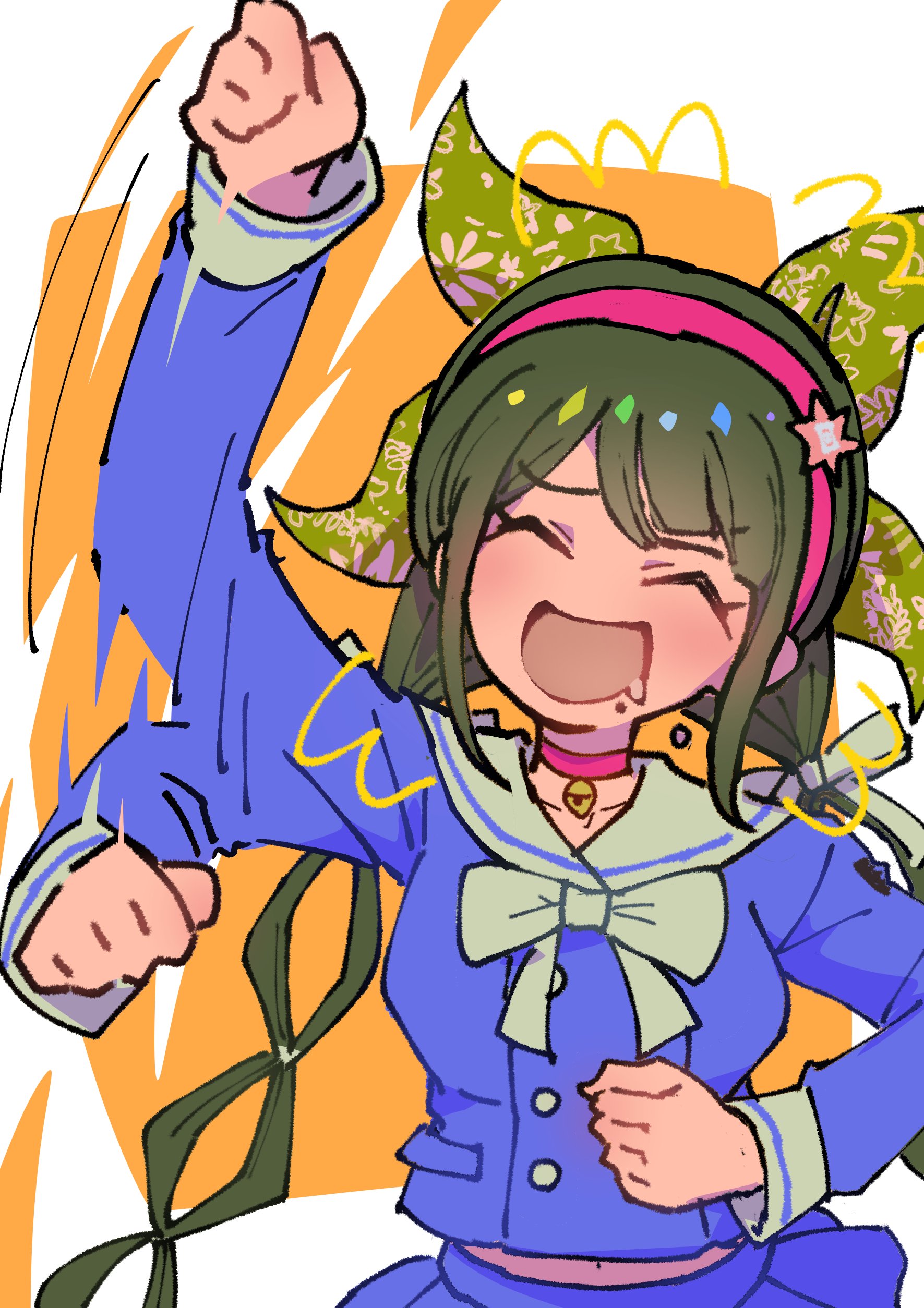 youko-shima, chabashira tenko, danganronpa (series), danganronpa v3: killing harmony, absurdres, highres, 1girl, :d, bow, bowtie, choker, collarbone, drooling, green hair, hairband, happy, long hair, long sleeves, open mouth, orange background, pink choker, pink hairband, skirt, smile, upper body, white background, white bow, white bowtie