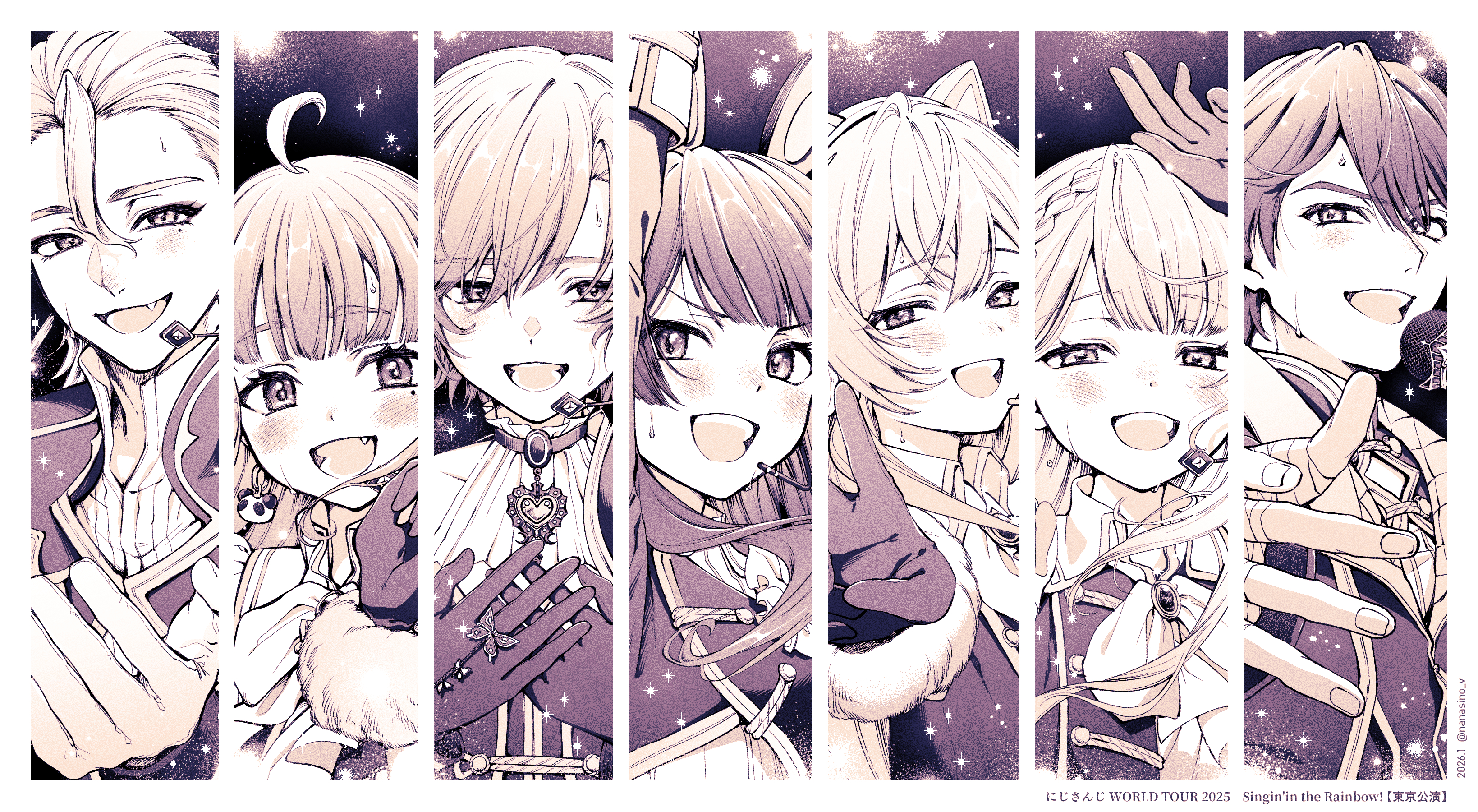 fushimi gaku, ienaga mugi, kenmochi touya, sasaki saku, shiina yuika, tsukino mito, yuuhi riri, nijisanji, absurdres, commentary, highres, symbol-only commentary, translation request, 2boys, 5girls, :d, ahoge, animal ear headphones, animal ears, blush, bracelet, braid, column lineup, crossed bangs, dated, english text, fake animal ears, fang, fur bracelet, gloves, hair between eyes, hair slicked back, half-closed eyes, headphones, headset, jewelry, long hair, looking at viewer, microphone, mixed-language text, mole, mole under eye, monochrome, multiple boys, multiple girls, nanasino v, nijisanji idol uniform, open mouth, panda earrings, short hair, smile, sparkle, sweat, twitter username, virtual youtuber