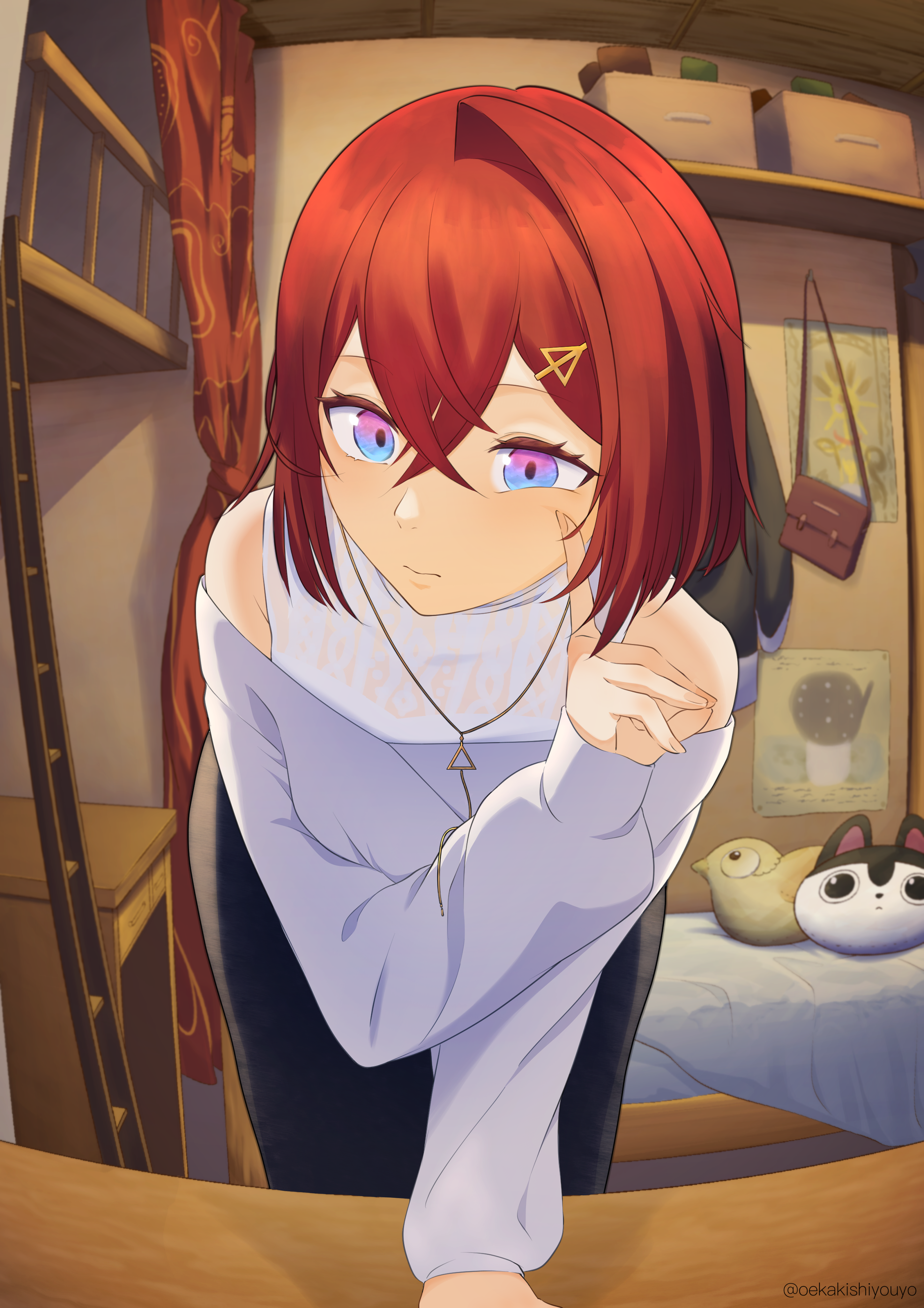 ange katrina, banken (inui toko), sebastian piyodore, nijisanji, absurdres, commentary request, highres, 1girl, ange katrina (casual), arm rest, bent over, black pants, blue eyes, closed mouth, clothing cutout, cowboy shot, crossed bangs, curtains, finger to cheek, fisheye, gold necklace, gradient eyes, hair between eyes, hair ornament, hairpin, hand up, indoors, jewelry, ladder, layered shirt, long bangs, long sleeves, looking at viewer, medium hair, mikoton, multicolored eyes, necklace, pants, pink eyes, puffy long sleeves, puffy sleeves, red hair, shelf, shirt, shoulder cutout, single hair intake, solo, stuffed animal, stuffed toy, table, virtual youtuber, white shirt, wooden table