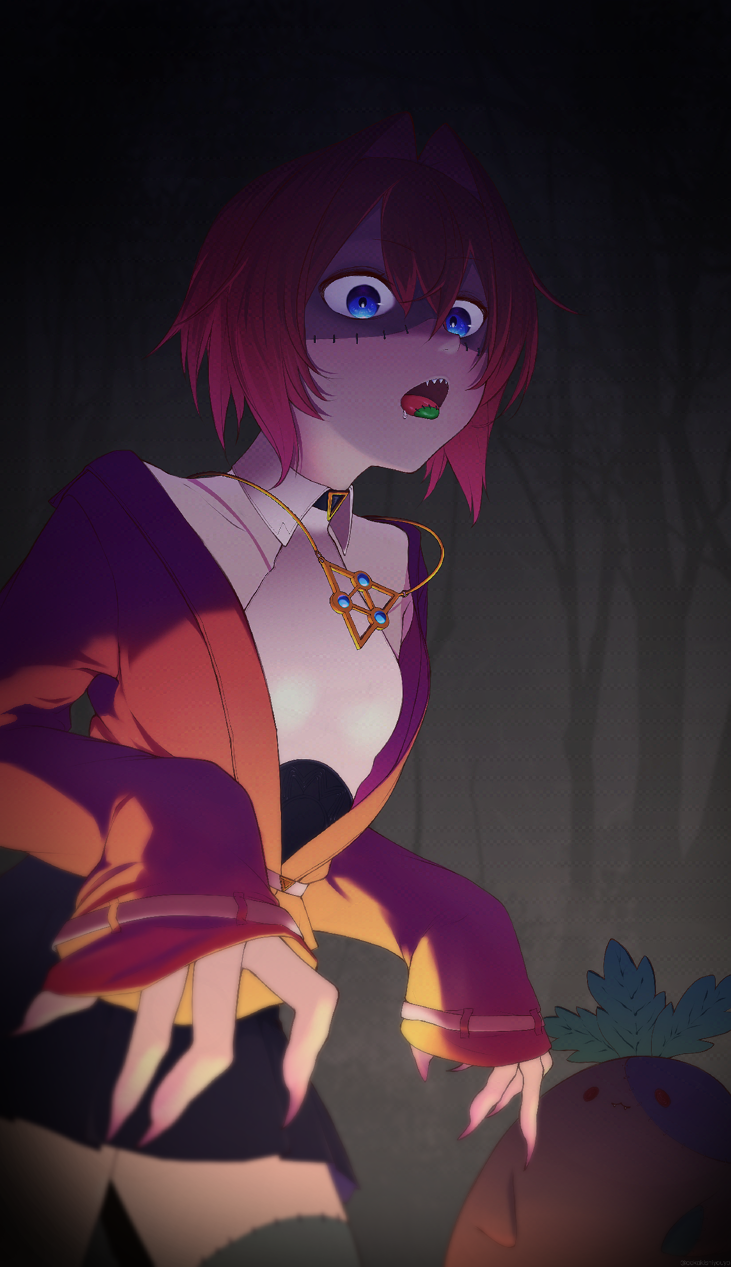 ange katrina, mandragora (ange katrina), nijisanji, absurdres, commentary request, highres, 1girl, ange katrina (summer casual), black skirt, blue eyes, blurry, breasts, collared halterneck, collared shirt, cowboy shot, creature, depth of field, fingernails, ghost pose, gold necklace, grey background, hair between eyes, hair intakes, halloween, halter shirt, halterneck, high-waist skirt, jacket, jewelry, long fingernails, looking at viewer, medium hair, mikoton, miniskirt, necklace, open mouth, partially open jacket, red hair, red jacket, saliva, sharp fingernails, sharp teeth, shirt, shirt tucked in, skirt, sleeves past wrists, small breasts, stitched face, stitched leg, stitched tongue, stitches, teeth, tongue, tongue out, virtual youtuber, white shirt