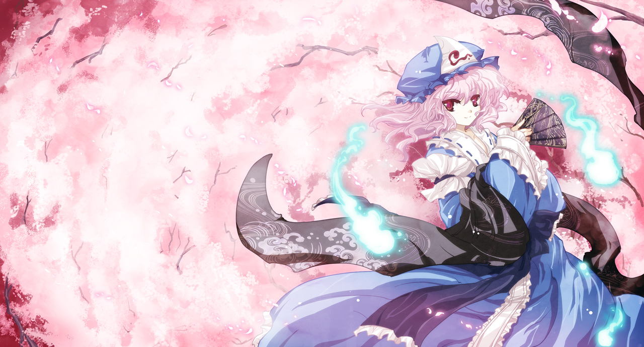tokiame, saigyouji yuyuko, touhou, 1girl, cherry blossoms, dress, female focus, ghost, hand fan, smile, solo