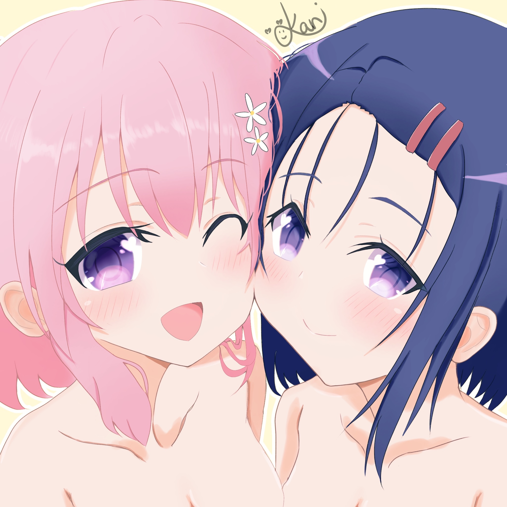momo velia deviluke, sairenji haruna, to love-ru, artist request, highres, 2girls, breasts, cheek-to-cheek, cleavage, collarbone, flower, hair between eyes, hair flower, hair ornament, hairclip, heads together, heart, looking at viewer, medium breasts, multiple girls, nude, one eye closed, pink hair, purple eyes, purple hair, short hair, smile, upper body