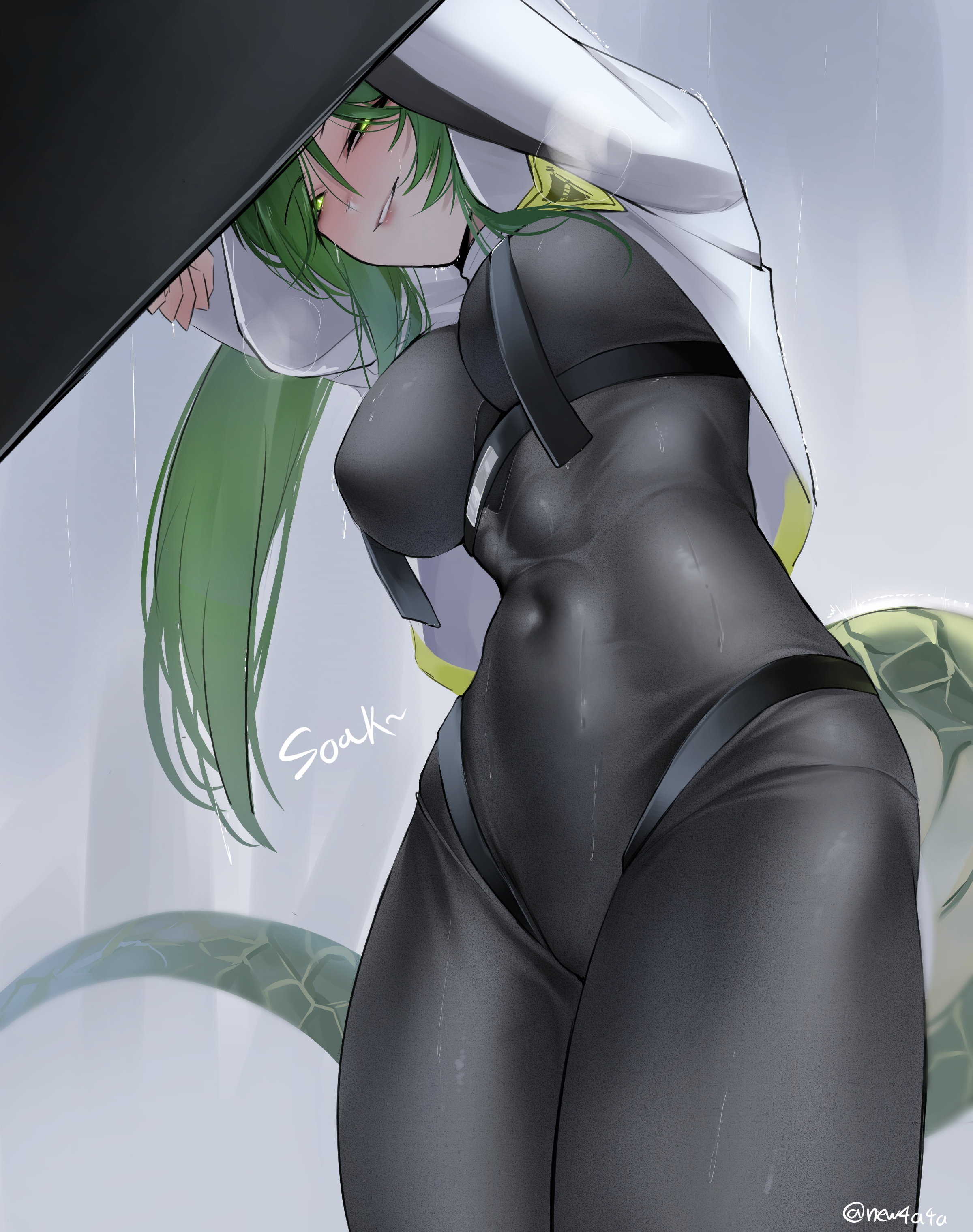 amtv8428, fluorite (arknights), arknights, arknights: endfield, absurdres, commentary, english commentary, highres, 1girl, artist name, black bodysuit, bodysuit, breasts, covered abs, covered erect nipples, covered navel, cowboy shot, from below, green eyes, green hair, hood, hood up, hooded shrug, large breasts, leaning forward, lizard tail, parted lips, reptile girl, shrug (clothing), smile, solo, tail, wet, wet clothes, white shrug