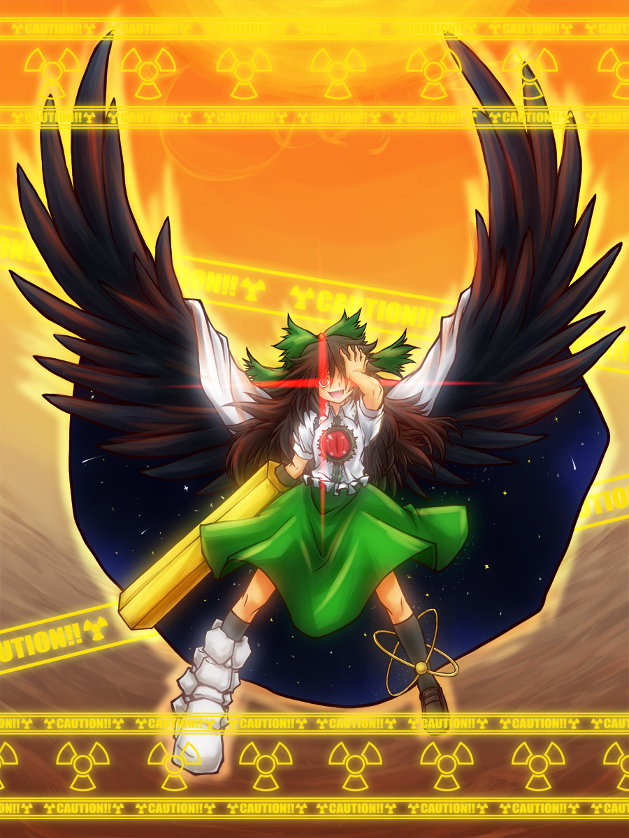 elehime, reiuji utsuho, touhou, highres, 1girl, asymmetrical clothes, asymmetrical footwear, black hair, bow, cape, caution, caution tape, covering one eye, crazy, female focus, glowing, glowing eyes, hair bow, hair over one eye, hand on own face, hand over eye, long hair, mismatched footwear, radiation, radiation symbol, red eyes, solo, wings