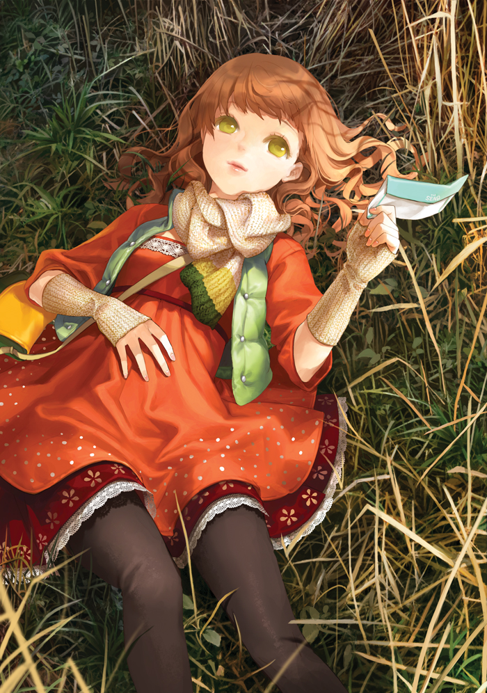 salt (salty), original, 1girl, bag, brown hair, dress, envelope, female focus, fingerless gloves, gloves, lips, lying, nature, on back, outdoors, scarf, solo, yellow eyes