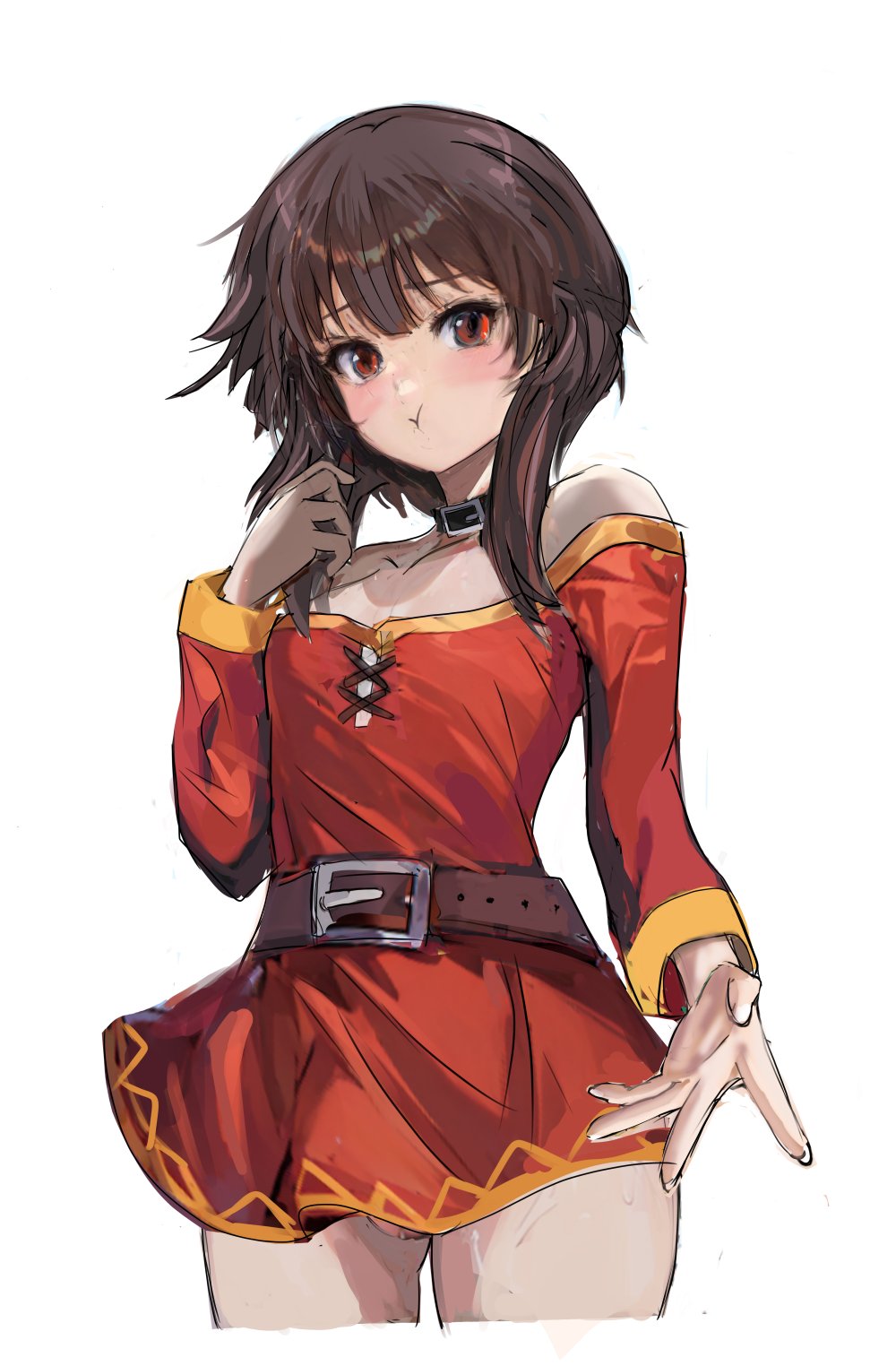 huo ji wu, megumin, kono subarashii sekai ni shukufuku wo!, commentary request, highres, 1girl, bare shoulders, belt, brown belt, brown hair, cropped legs, dress, flat chest, long sleeves, looking at viewer, off-shoulder dress, off shoulder, orange trim, pout, red dress, red eyes, short dress, short hair, simple background, solo, standing, white background