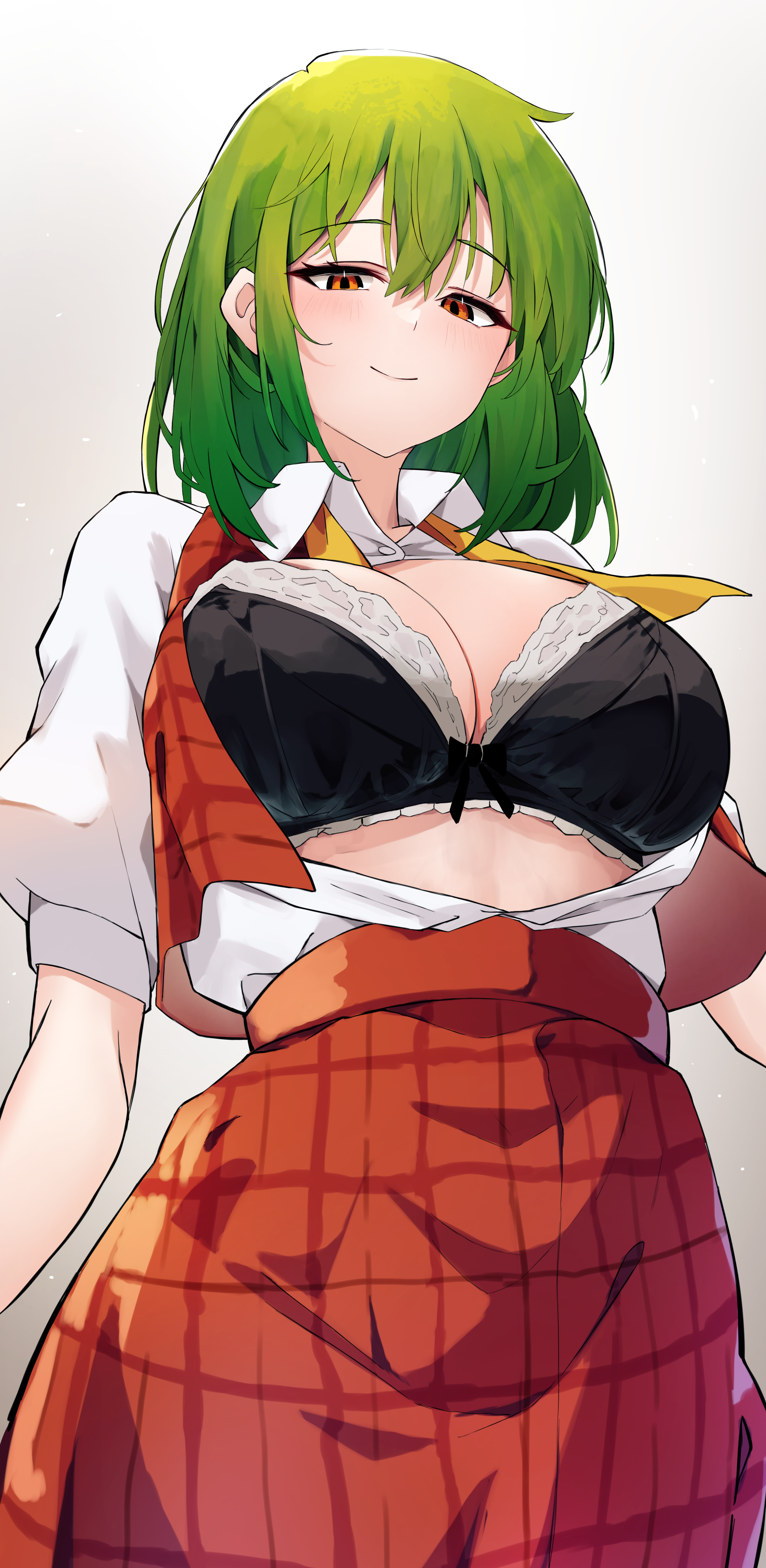 hira-san, kazami yuuka, touhou, absurdres, commentary request, highres, 1girl, black bra, blush, bow, bow bra, bra, breasts, green hair, large breasts, looking at viewer, medium breasts, neck ribbon, open clothes, open shirt, open vest, orange eyes, orange skirt, orange vest, plaid clothes, plaid skirt, ribbon, shirt, shirt tucked in, simple background, skirt, smile, solo, underwear, undone neck ribbon, vest, white shirt, yellow ribbon