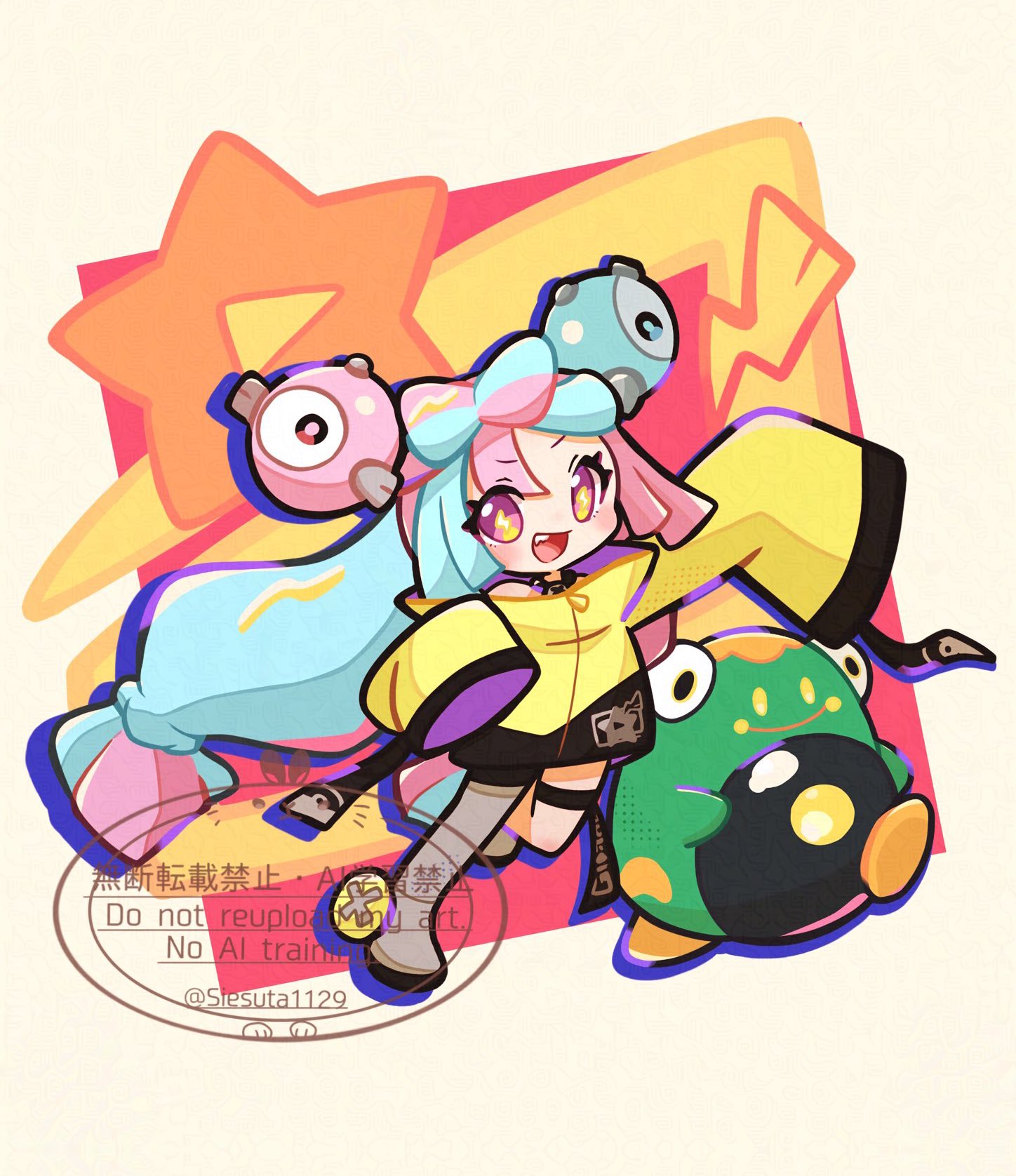 gokuaku rabbit, bellibolt, iono (pokemon), nintendo, pokemon, pokemon sv, commentary request, highres, 1girl, :d, blue hair, bow-shaped hair, grey pantyhose, jacket, leg up, lightning bolt-shaped pupils, lightning bolt symbol, long hair, long sleeves, looking at viewer, multicolored hair, open mouth, pantyhose, pink eyes, pink hair, pokemon (creature), single leg pantyhose, sleeves past fingers, sleeves past wrists, smile, standing, standing on one leg, symbol-shaped pupils, thigh strap, twitter username, two-tone hair, very long hair, watermark, wide sleeves, yellow jacket