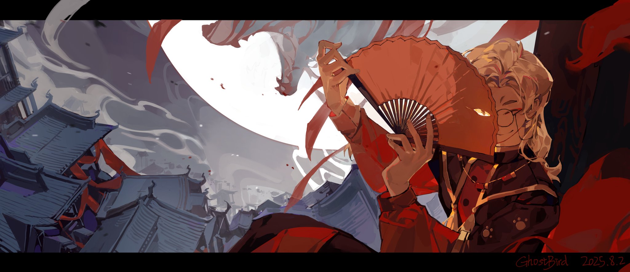 xingji20108, ximuzi, luo xiaohei zhanji, hashtag-only commentary, highres, 1boy, ^ ^, architecture, armor, black border, black robe, border, brown hair, building, closed eyes, closed mouth, curtained hair, dated, east asian architecture, eyeliner, eyewear strap, facing viewer, feet out of frame, folding fan, full armor, glasses, hand fan, hands up, holding, holding fan, jewelry, letterboxed, long hair, long sleeves, makeup, male focus, necklace, one eye covered, outside border, parted bangs, paw print, puffy long sleeves, puffy sleeves, red eyeliner, red shirt, robe, round eyewear, shirt, short eyebrows, sitting, smile, smoke, solo, tassel, tiger, upper body