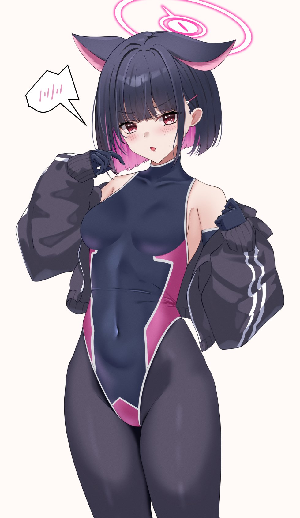 hibika, kazusa (blue archive), blue archive, commentary request, highres, 1girl, animal ears, bare shoulders, black gloves, black hair, black jacket, black leotard, black pantyhose, blush, cat ears, cat girl, colored inner animal ears, colored inner hair, elbow gloves, extra ears, gloves, halo, impossible clothes, impossible leotard, jacket, leotard, looking at viewer, multicolored hair, open clothes, open jacket, open mouth, pantyhose, pink hair, pink halo, red eyes, short hair, solo, two-tone hair