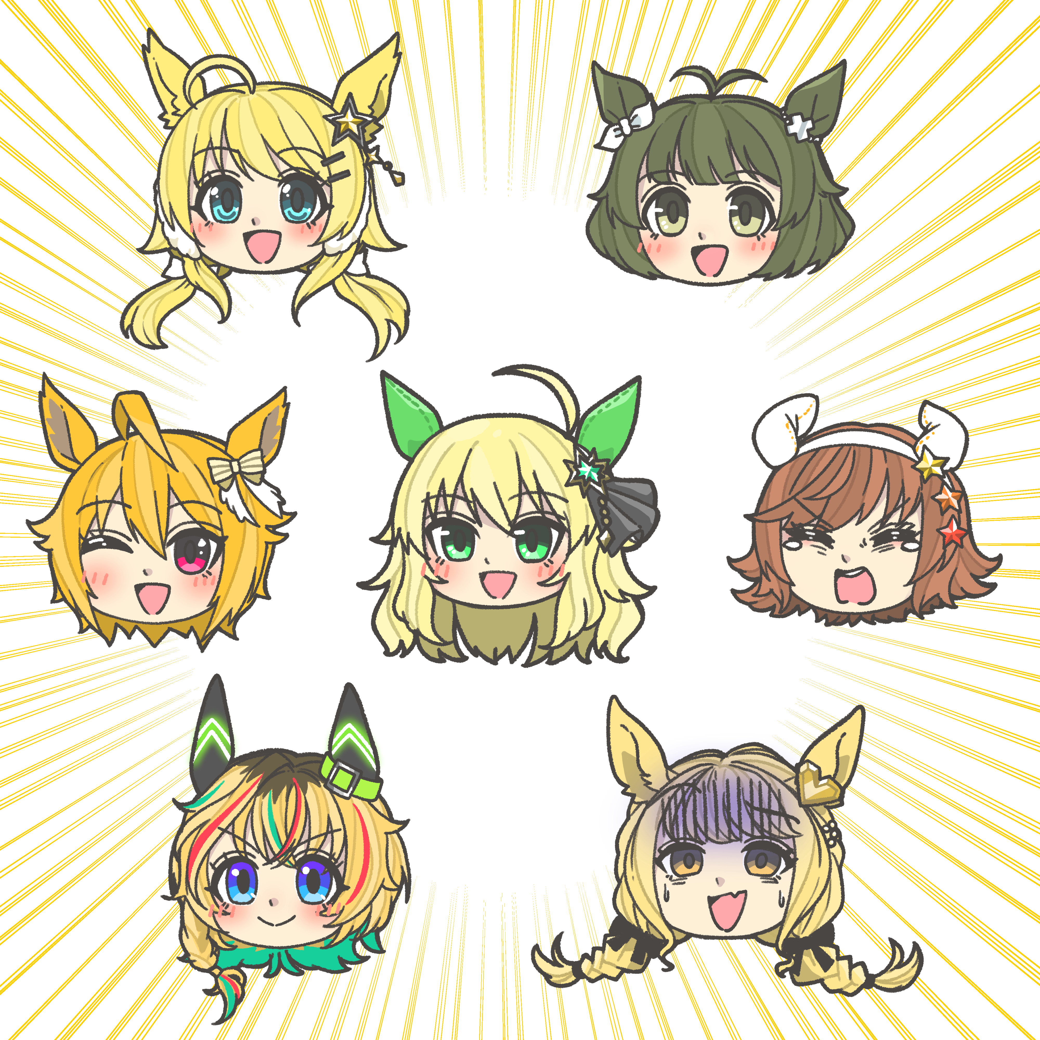 kopperion, akizuki ryo, fujita kotone, hachimiya meguru, hoshii miki, ibuki tsubasa, letora (idolmaster), gakuen idolmaster, idolmaster, idolmaster (classic), idolmaster million live!, idolmaster shiny colors, idolmaster va-liv, umamusume, absurdres, commentary request, commission, highres, skeb commission, 1boy, 6+girls, :d, ahoge, animal ears, antenna hair, blonde hair, blue eyes, blue hair, blue streaks, blush, brown eyes, colored inner hair, ear covers, ear ornament, emphasis lines, fang, gloom (expression), green eyes, head only, horse ears, horse girl, kemonomimi mode, long hair, low twintails, multicolored hair, multiple girls, open mouth, pink eyes, red hair, red streaks, short hair, simple background, skin fang, smile, streaked hair, twintails, white background, yellow eyes