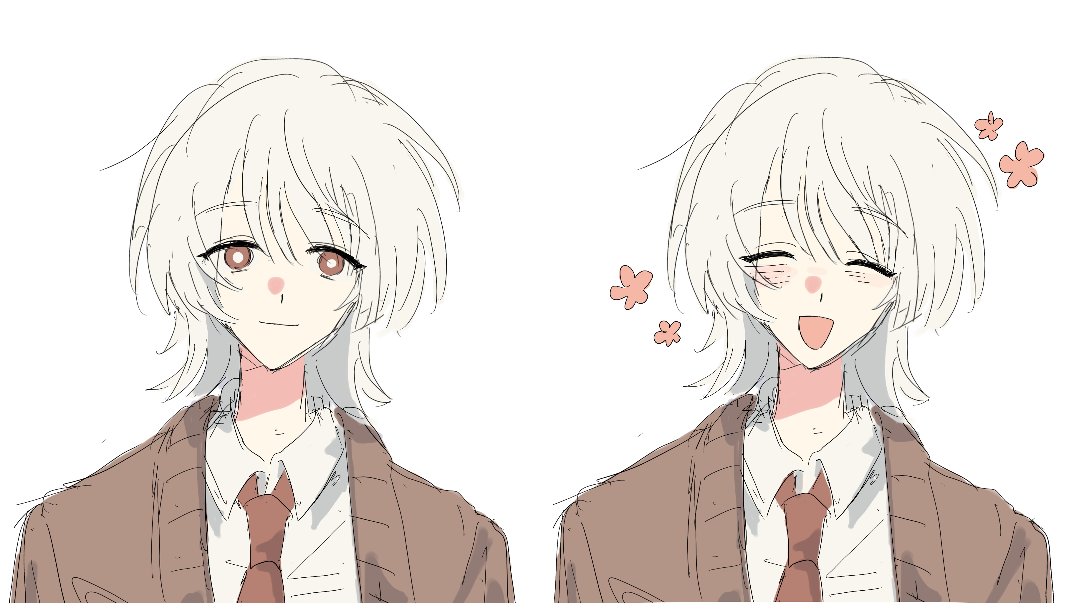 tatsunami shion, saihate eki, absurdres, chinese commentary, commentary request, highres, 1boy, :d, blush, bright pupils, brown cardigan, brown necktie, cardigan, closed eyes, collared shirt, dress shirt, flower, looking at viewer, male focus, multiple expressions, multiple views, necktie, neen6, open mouth, portrait, shirt, short hair, simple background, smile, white background, white hair, white shirt