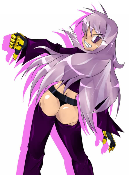 sula, m.u.g.e.n, 1girl, ass, belt, black gloves, black panties, fang, from behind, gloves, grin, long hair, long sleeves, looking at viewer, looking back, midriff, panties, purple eyes, purple shirt, purple thighhighs, shirt, smile, socks, standing, sula crystal, teeth, thighhighs, thumbs down, underwear, white background, white hair, yellow gloves