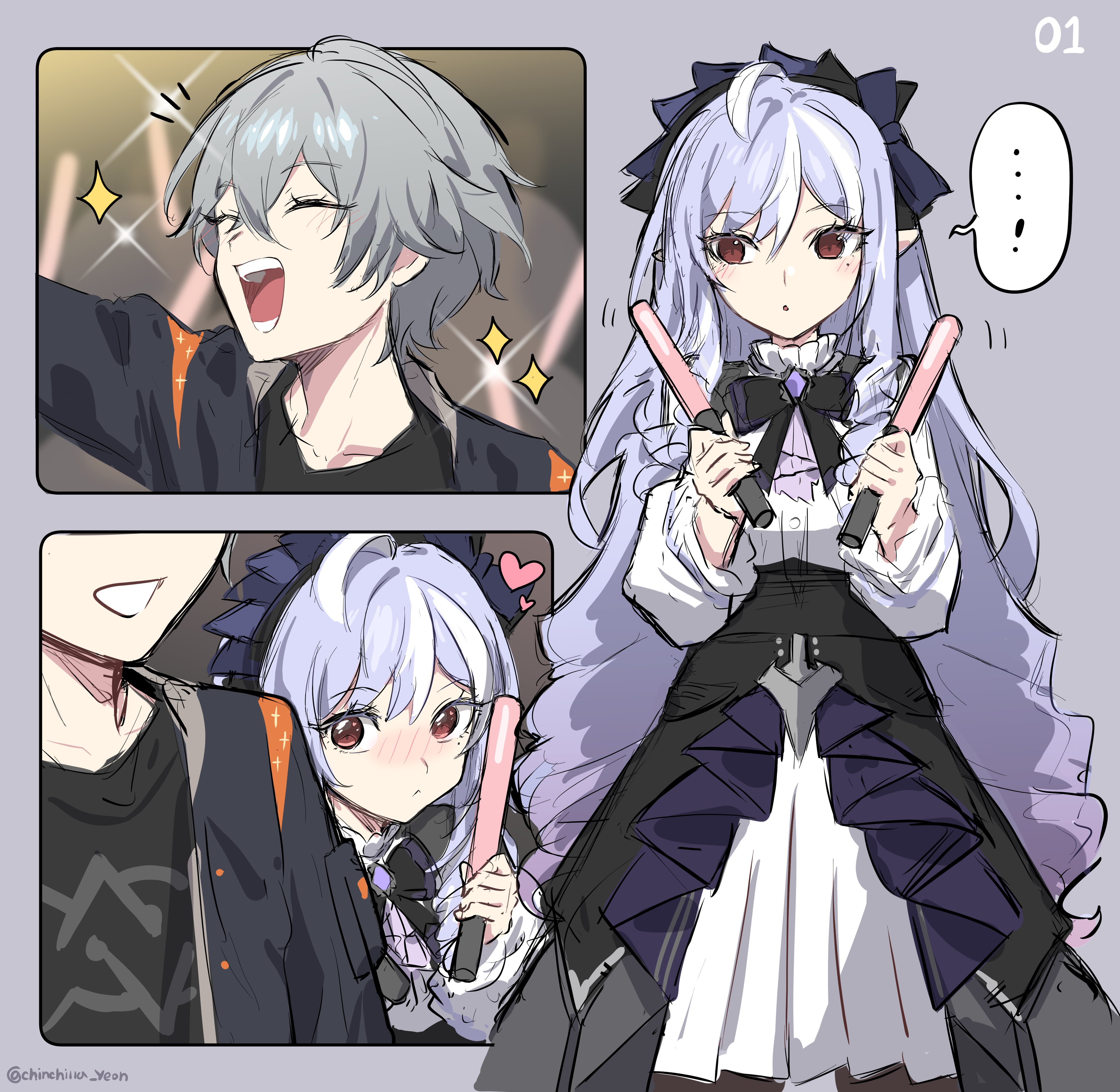 ooyun, vivian banshee, wise (zenless zone zero), zenless zone zero, absurdres, commentary request, highres, !, …, 1boy, 1girl, ahoge, ascot, blush, bow, bowtie, closed eyes, closed mouth, crossed bangs, drill hair, gem, glowstick, hair between eyes, hairband, heart, holding, holding glowstick, long hair, looking at another, mole, mole under eye, motion lines, open mouth, penlight (glowstick), pointy ears, purple ascot, purple bow, purple bowtie, purple gem, purple hair, purple hairband, red eyes, shrug (clothing), sparkle, spoken ellipsis, spoken exclamation mark, twitter username, white shrug