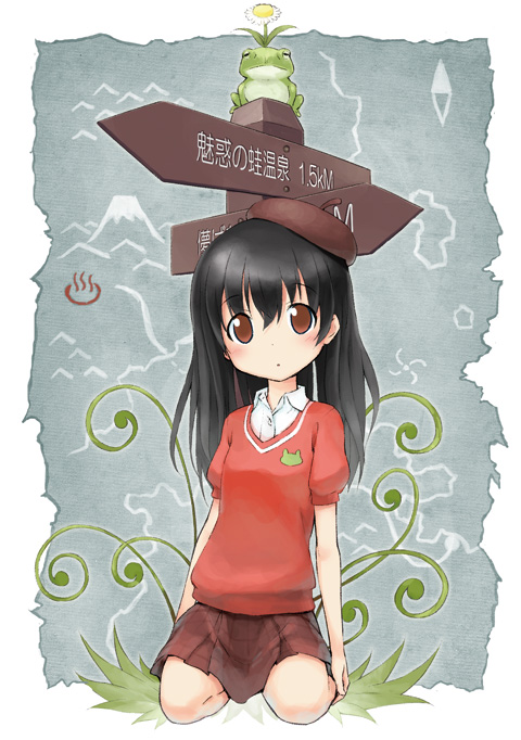 aikei ake, original, bad id, bad pixiv id, 1girl, beret, black hair, brown eyes, female focus, flower, frog, hat, long hair, object on head, school uniform, sign, sitting, skirt, solo, sweater, wariza