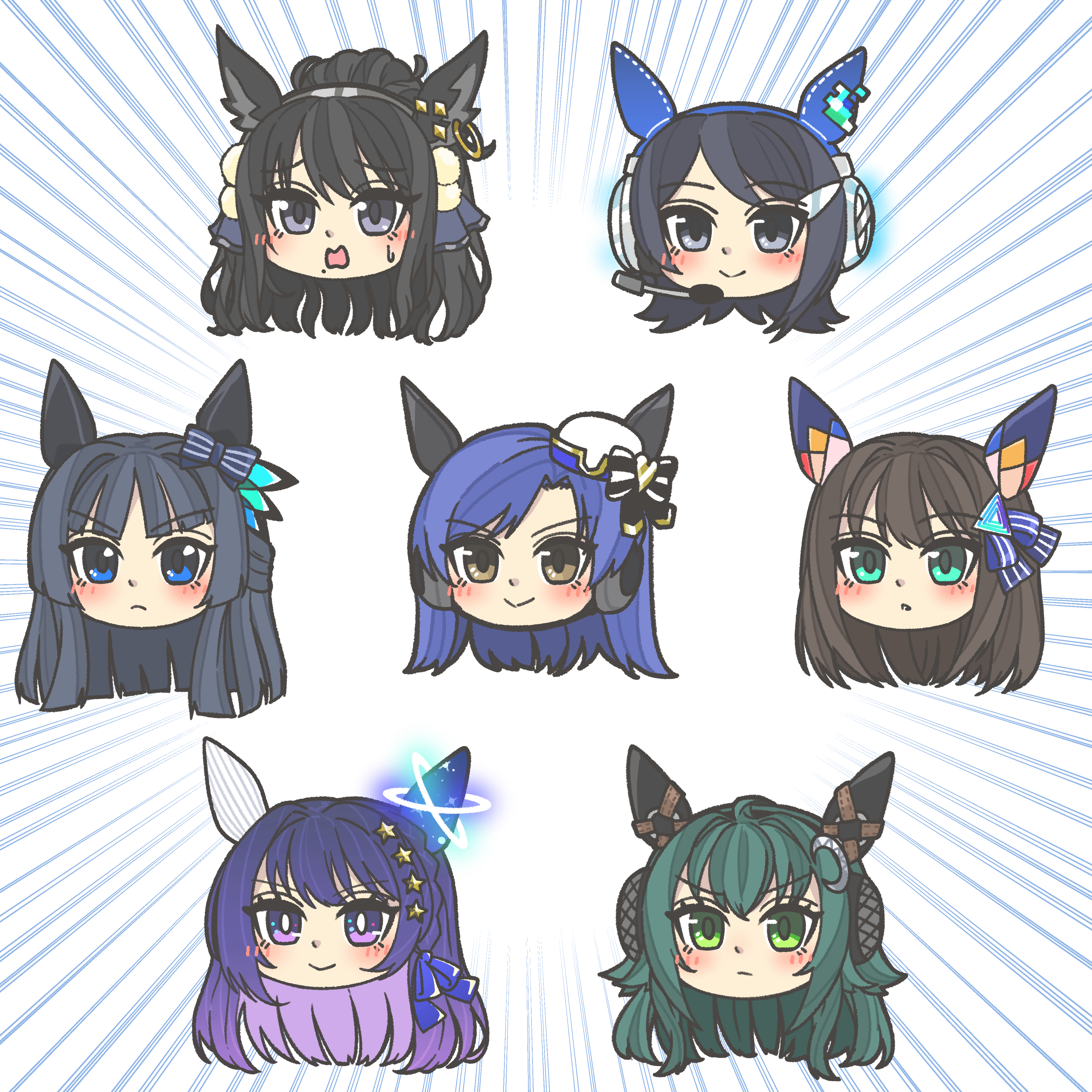 kopperion, kamizuru cosmo, kazano hiori, kisaragi chihaya, mizutani eri, mogami shizuka, shibuya rin, tsukimura temari, gakuen idolmaster, idolmaster, idolmaster (classic), idolmaster cinderella girls, idolmaster dearly stars, idolmaster million live!, idolmaster shiny colors, idolmaster va-liv, umamusume, absurdres, commentary request, commission, highres, skeb commission, translation request, 6+girls, animal ears, aqua eyes, black hair, blue eyes, blue hair, blush, brown eyes, brown hair, colored inner hair, ear covers, ear ornament, ear ornaments, emphasis lines, green eyes, green hair, grey eyes, hair ornament, hairclip, hat, head only, headset, horse ears, horse girl, kemonomimi mode, long hair, mini hat, mole, mole under mouth, multicolored hair, multiple girls, ponytail, purple eyes, purple hair, short hair, simple background, smile, star (symbol), star hair ornament, swept bangs, tilted headwear, two-tone hair, virtual youtuber, white background