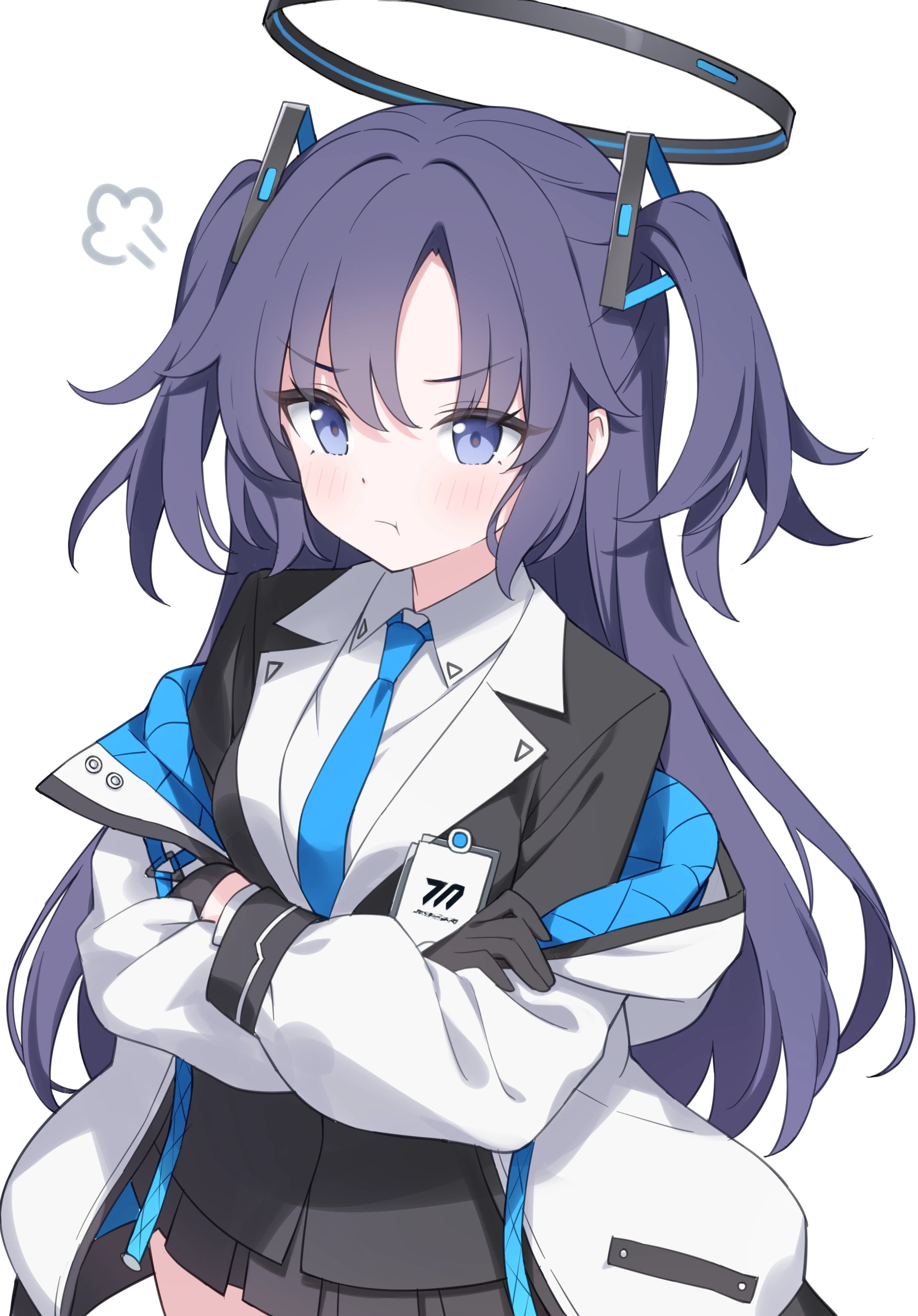 jyt, yuuka (blue archive), blue archive, absurdres, chinese commentary, commentary request, highres, partial commentary, 1girl, :t, black gloves, black halo, black jacket, black skirt, blazer, blue jacket, blue necktie, blush, breasts, closed mouth, collared shirt, cowboy shot, crossed arms, eyes visible through hair, gloves, halo, id card, jacket, lapels, long hair, long sleeves, medium breasts, miniskirt, multicolored jacket, necktie, off shoulder, open clothes, open jacket, parted bangs, pout, puff of air, puffy long sleeves, puffy sleeves, purple eyes, purple hair, red pupils, shirt, sidelocks, simple background, skirt, solo, two-sided fabric, two-sided jacket, two side up, v-shaped eyebrows, white background, white jacket, white shirt