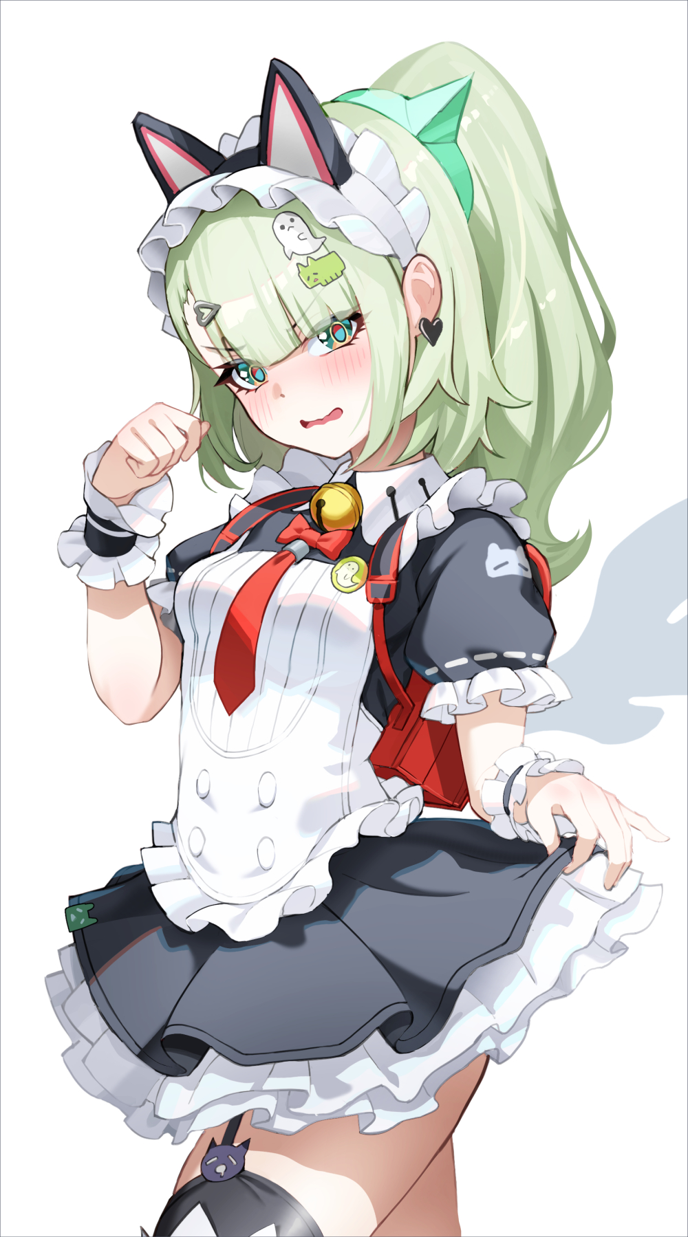 matsuhisa (ryo-tsuda1), sunna (zenless zone zero), zenless zone zero, commentary request, highres, 1girl, animal ear hairband, animal ears, bell, black dress, black garter straps, blunt bangs, blush, cat ear hairband, cat ears, dress, earrings, fake animal ears, frilled dress, frills, garter straps, ghost hair ornament, green eyes, green hair, hair ornament, hairband, hairpin, heart, heart earrings, heart hair ornament, jewelry, looking at viewer, maid, maid headdress, multiple hair clips, multiple hairpins, neck bell, official alternate costume, open mouth, ponytail, puffy short sleeves, puffy sleeves, red bag, short sleeves, simple background, skirt hold, solo, sunna (afternoon tea break) (zenless zone zero), thighhighs, white background, white wings, winged bag, wings