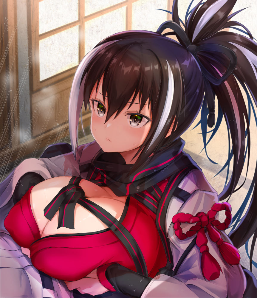 asahi (fullmetal madness), kawakami gensai (fate), fate/grand order, fate (series), commentary request, 1boy, 1girl, black hair, black ribbon, breasts, cleavage, hair ribbon, hetero, huge breasts, multicolored hair, paizuri, ponytail, ribbon, sex, solo focus, streaked hair, white hair
