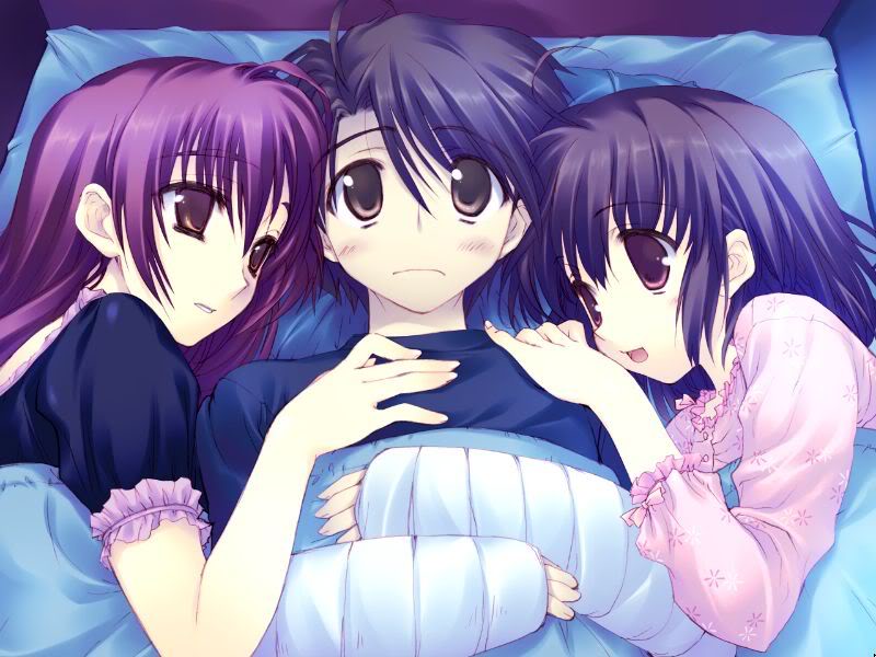 kouno takaaki, kousaka tamaki, yuzuhara konomi, to heart, to heart (series), to heart 2, to heart 2 ad, duplicate, game cg, 00s, 1boy, 2girls, multiple girls